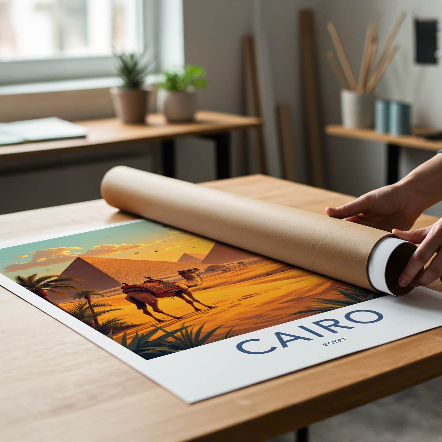 Cairo Poster - Egypt Travel Art - Camel Pyramid Desert Home Decor