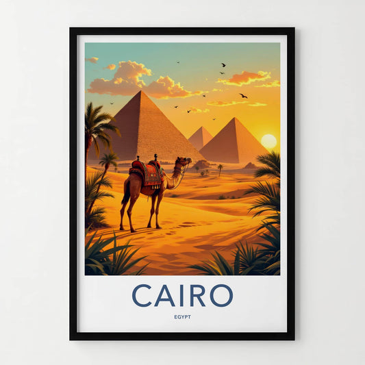 Cairo Poster - Egypt Travel Art - Camel Pyramid Desert Home Decor