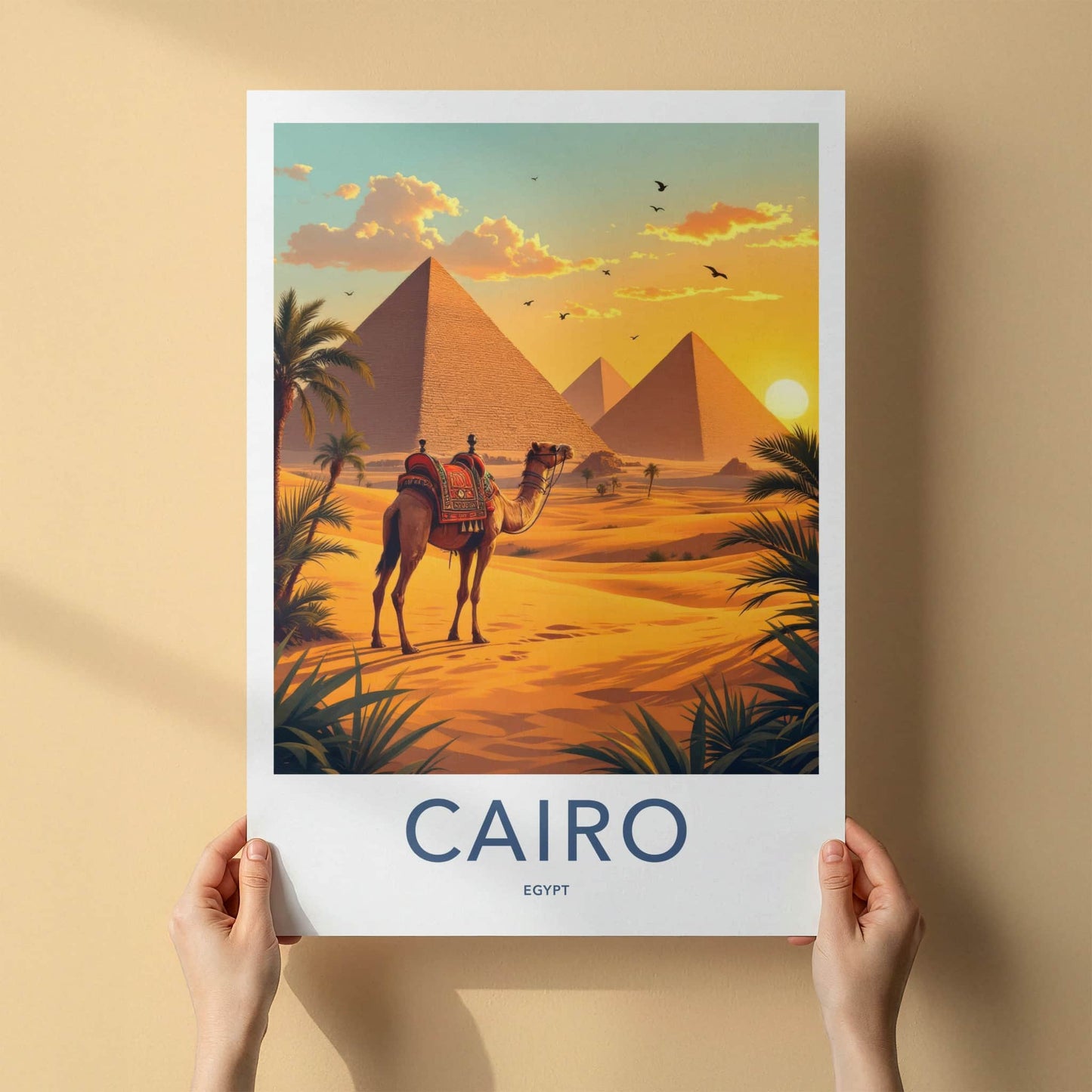 Cairo Poster - Egypt Travel Art - Camel Pyramid Desert Home Decor
