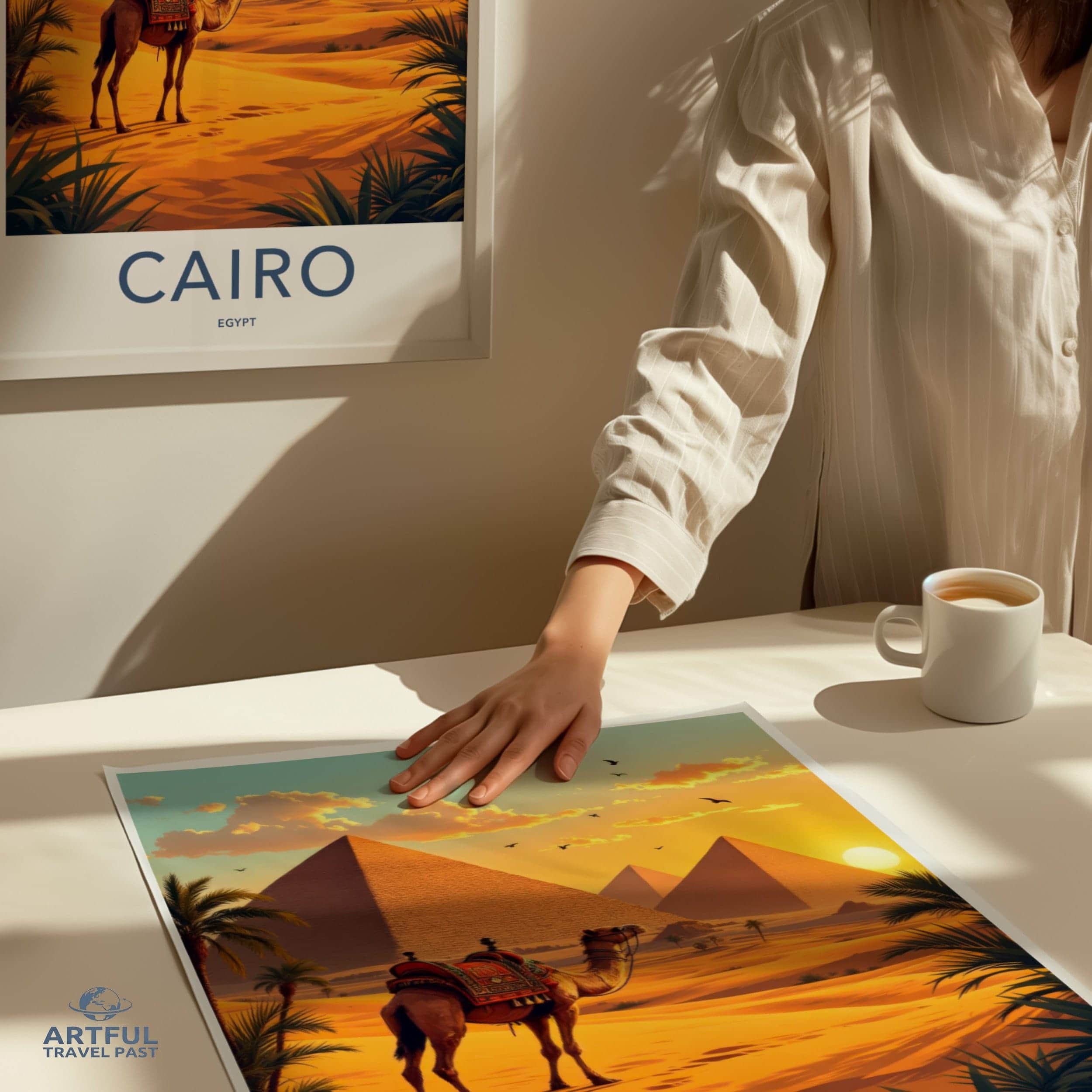 Cairo Poster - Egypt Travel Art - Camel Pyramid Desert Home Decor
