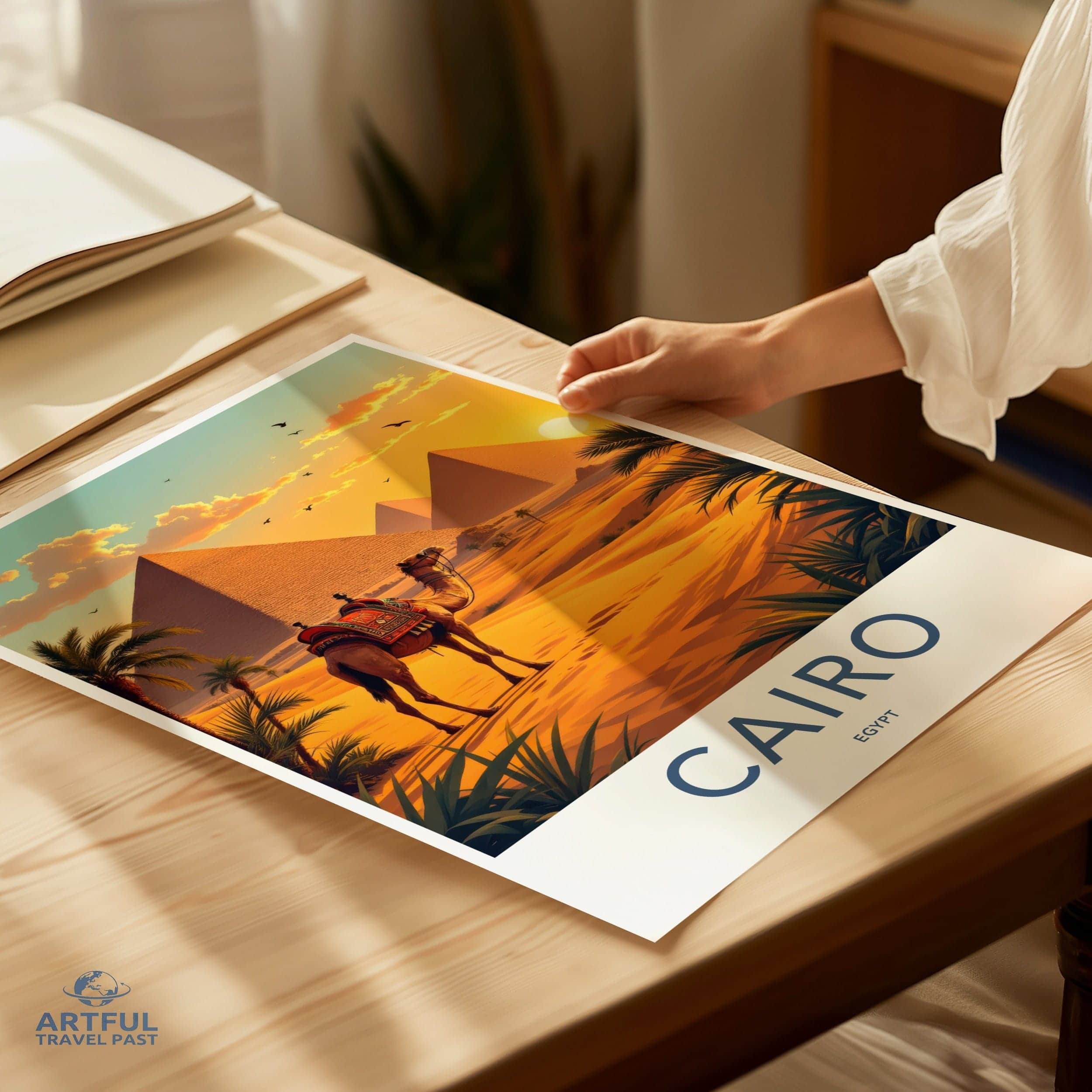 Cairo Poster - Egypt Travel Art - Camel Pyramid Desert Home Decor