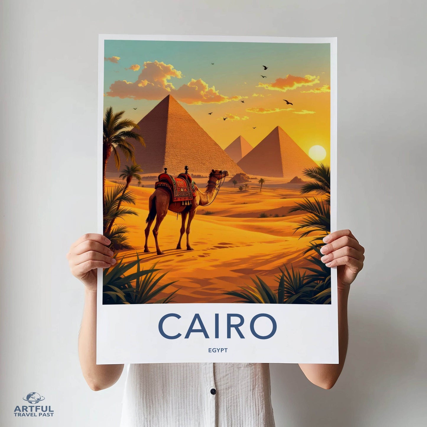 Cairo Poster - Egypt Travel Art - Camel Pyramid Desert Home Decor