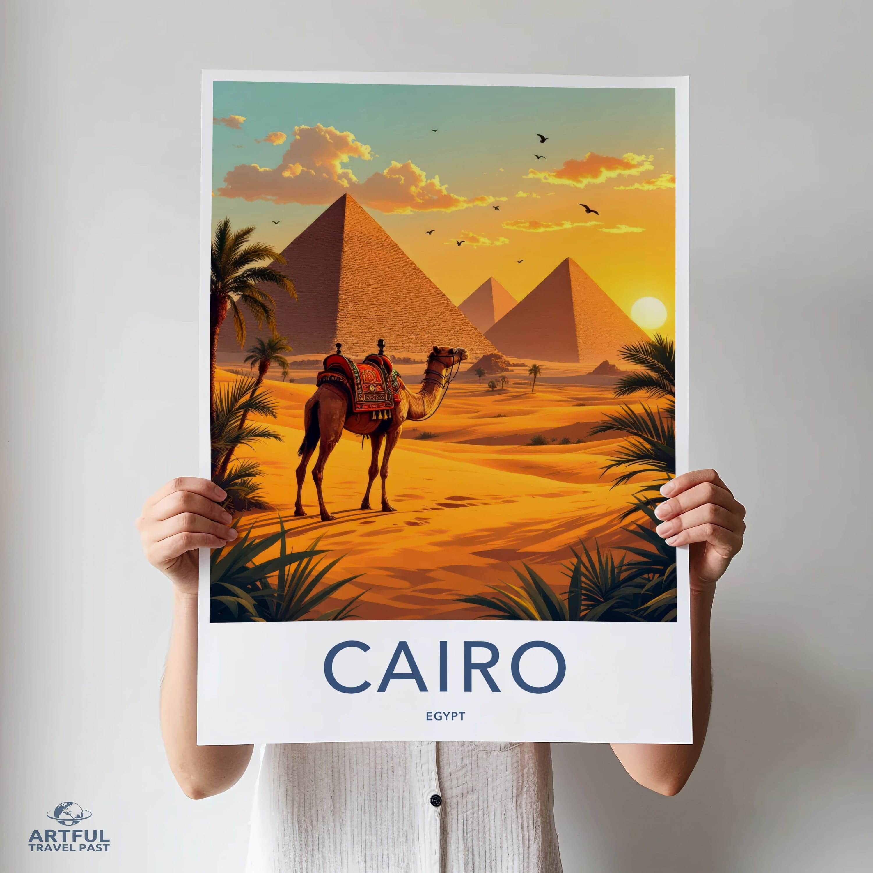 Cairo Poster - Egypt Travel Art - Camel Pyramid Desert Home Decor