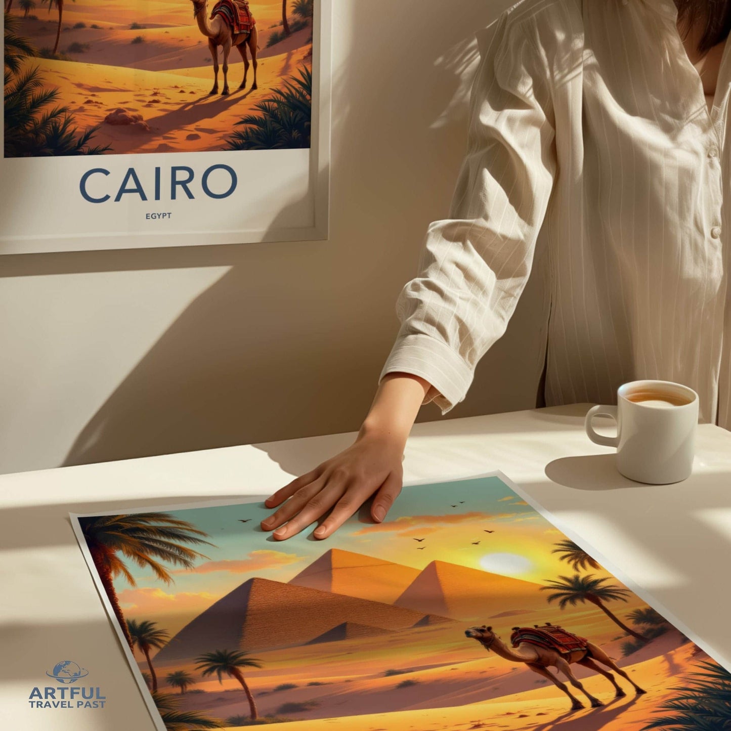 Cairo Poster - Egypt Travel Art - Desert Pyramids Camel Home Decor