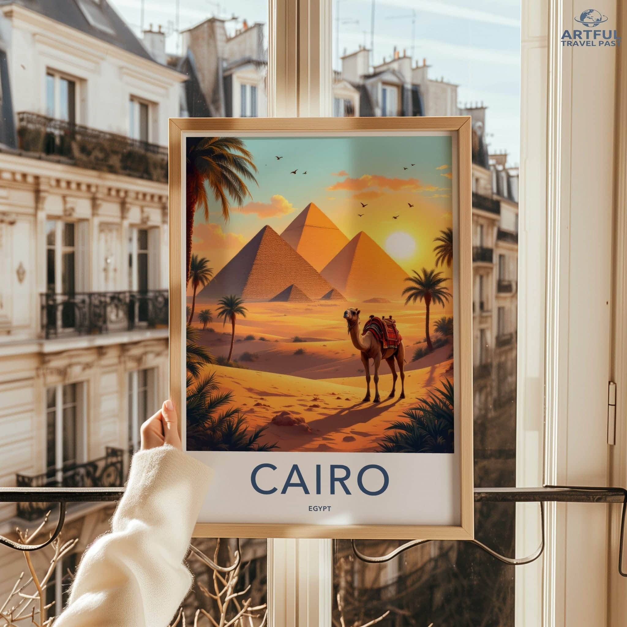 Cairo Poster - Egypt Travel Art - Desert Pyramids Camel Home Decor