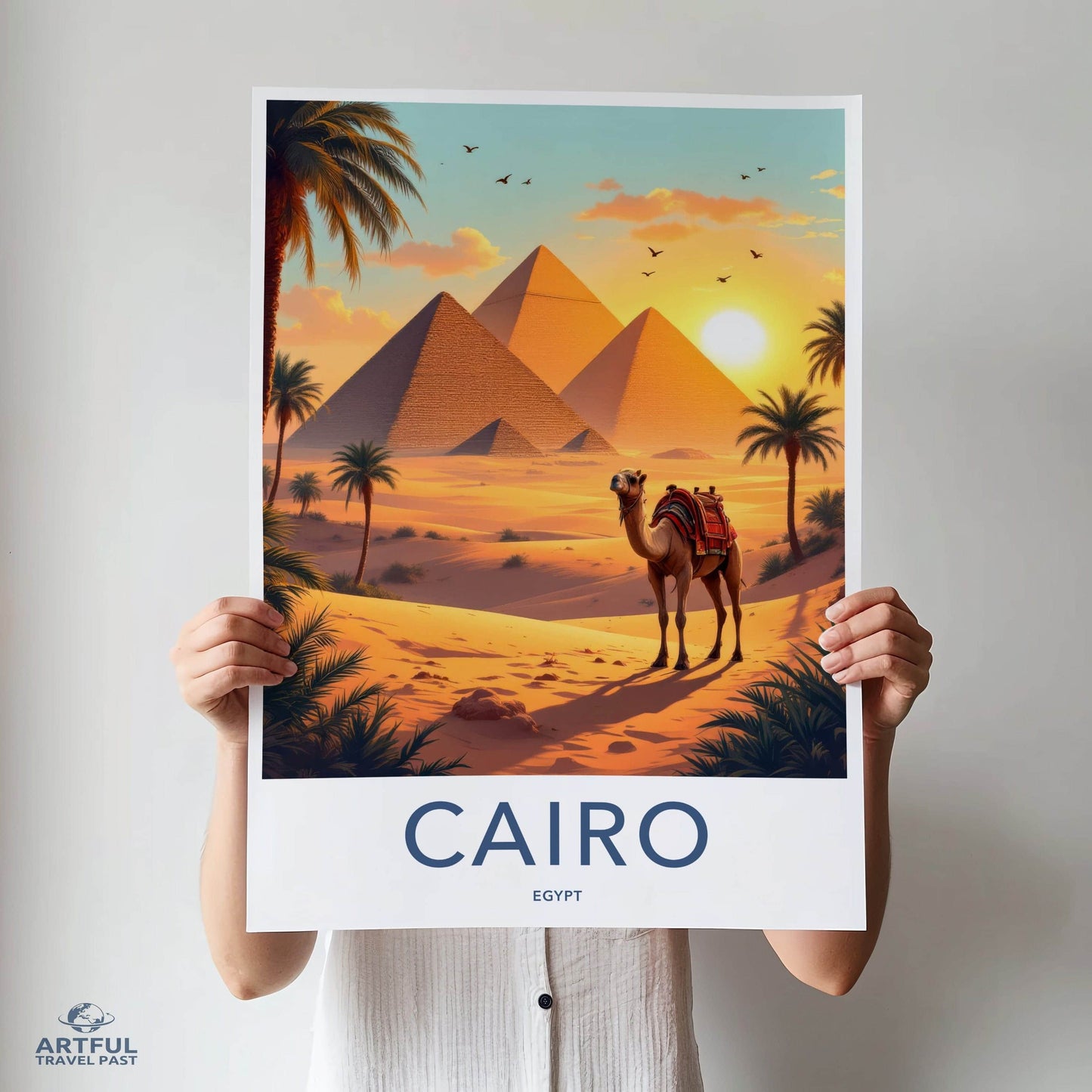 Cairo Poster - Egypt Travel Art - Desert Pyramids Camel Home Decor