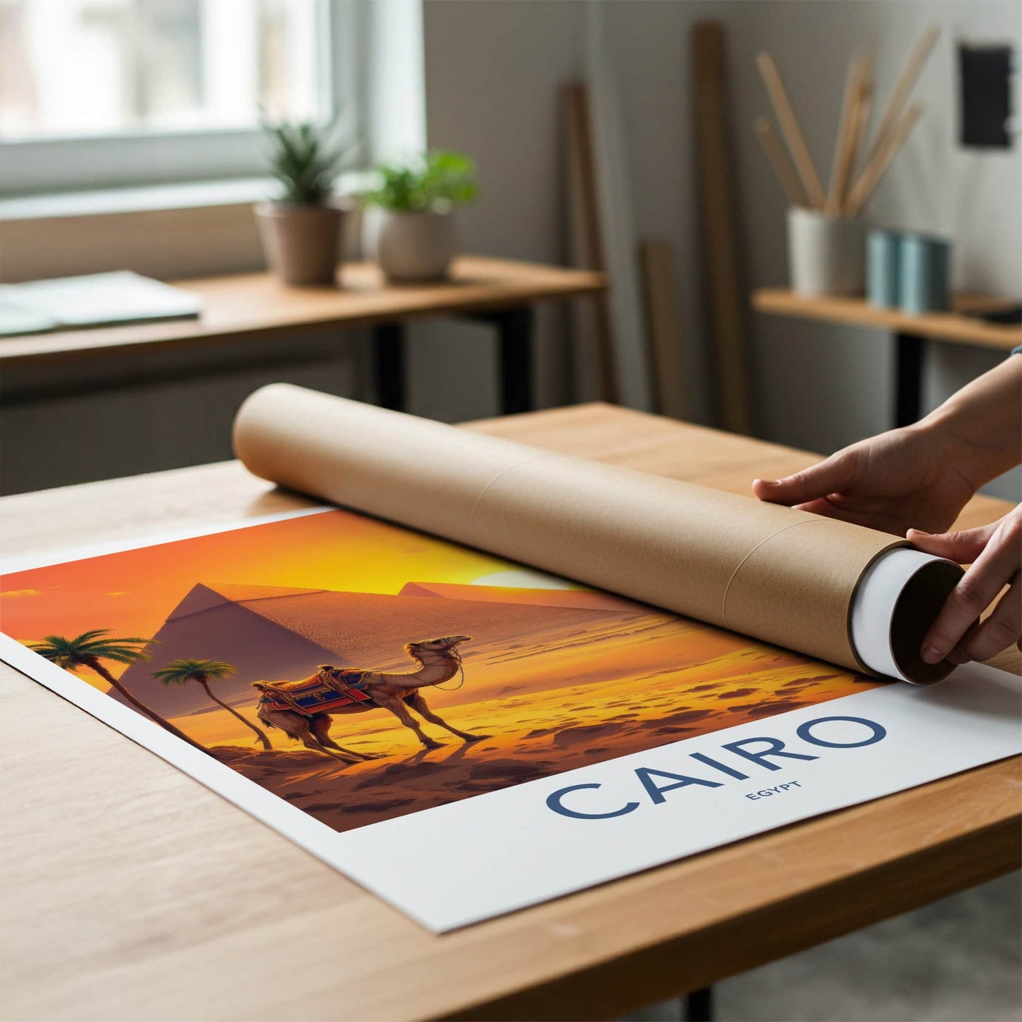 Cairo Poster - Egypt Travel Art - Desert Pyramids Sunset Home Decor