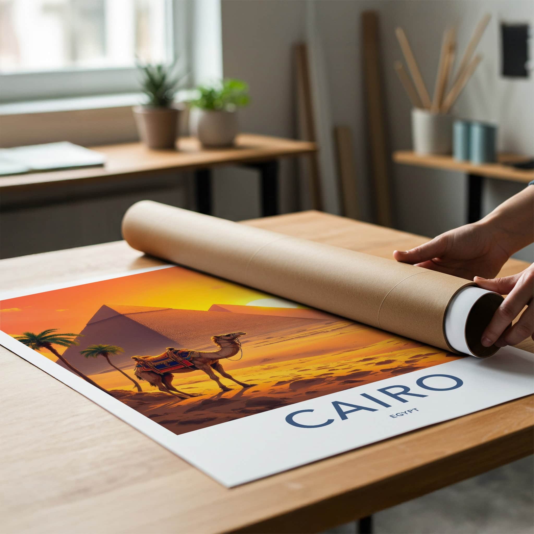 Cairo Poster - Egypt Travel Art - Desert Pyramids Sunset Home Decor