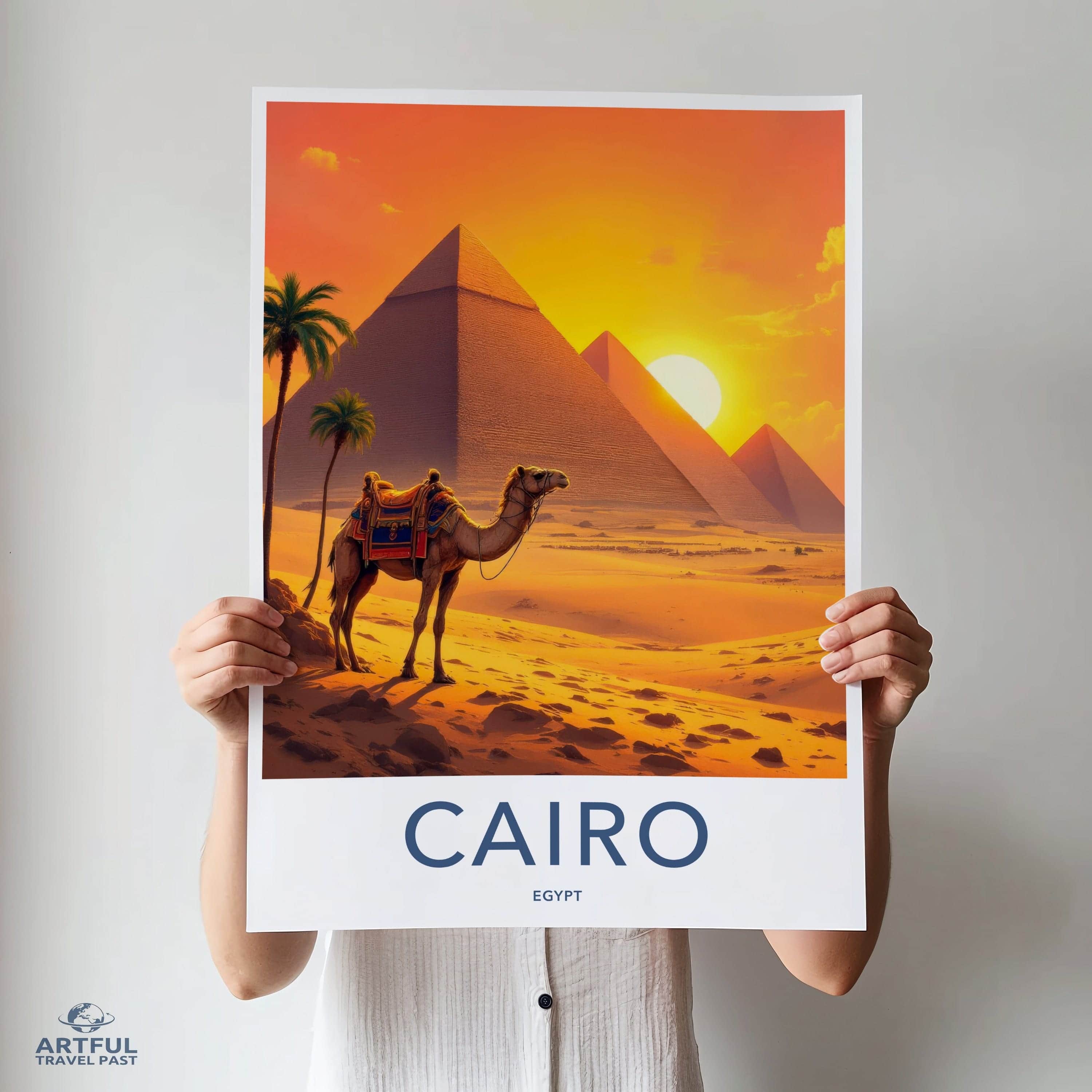 Cairo Poster - Egypt Travel Art - Desert Pyramids Sunset Home Decor
