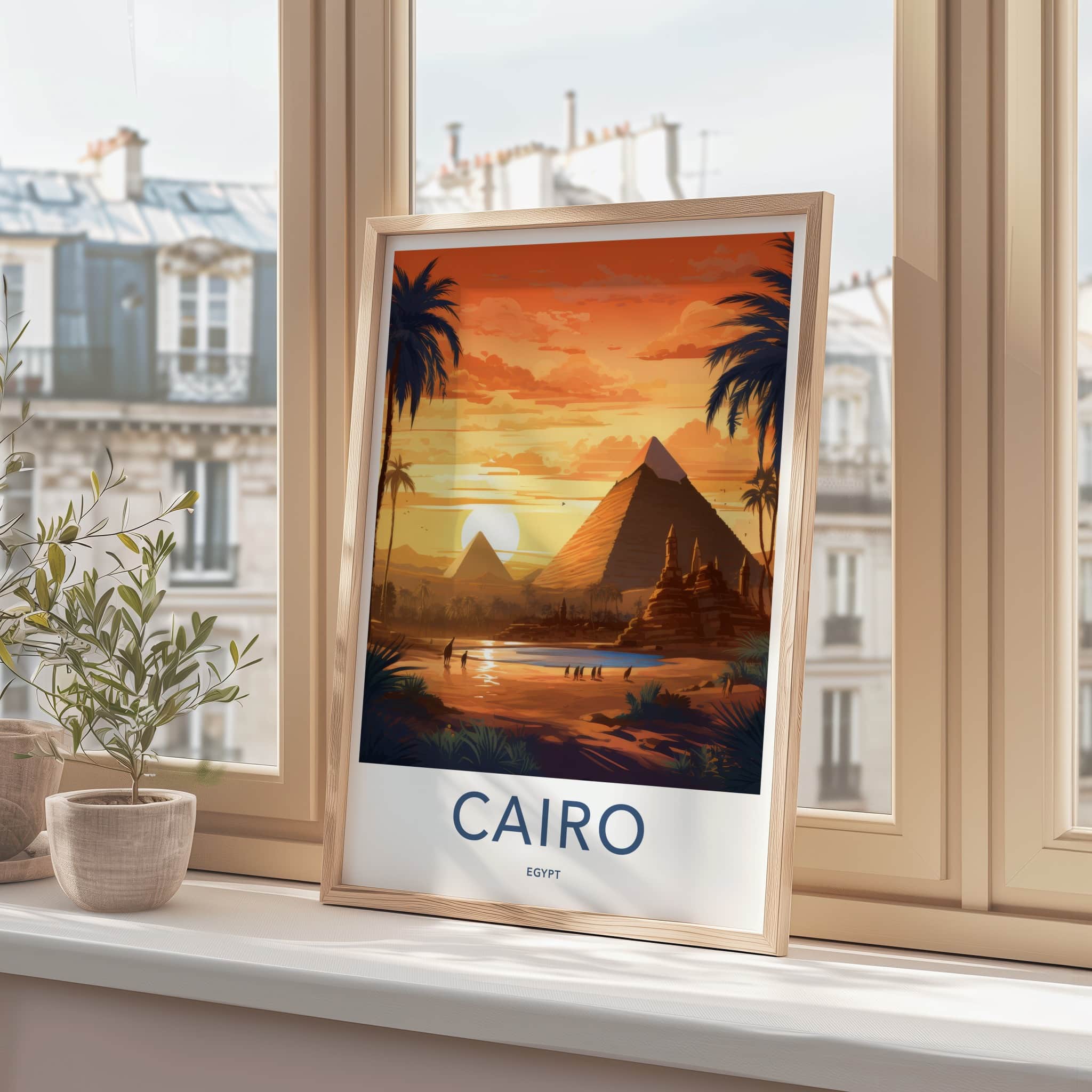 Cairo Poster - Egypt Travel Art - Desert Pyramids Sunset Home Decor