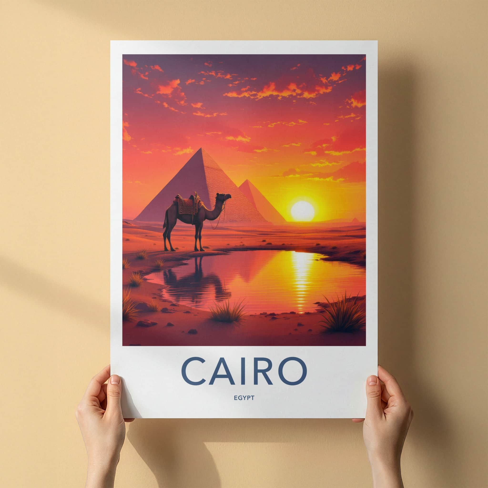 Cairo Poster - Egypt Travel Art - Desert Sunset Camel Home Decor