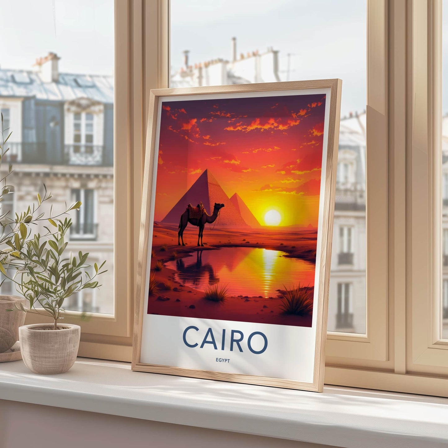 Cairo Poster - Egypt Travel Art - Desert Sunset Camel Home Decor