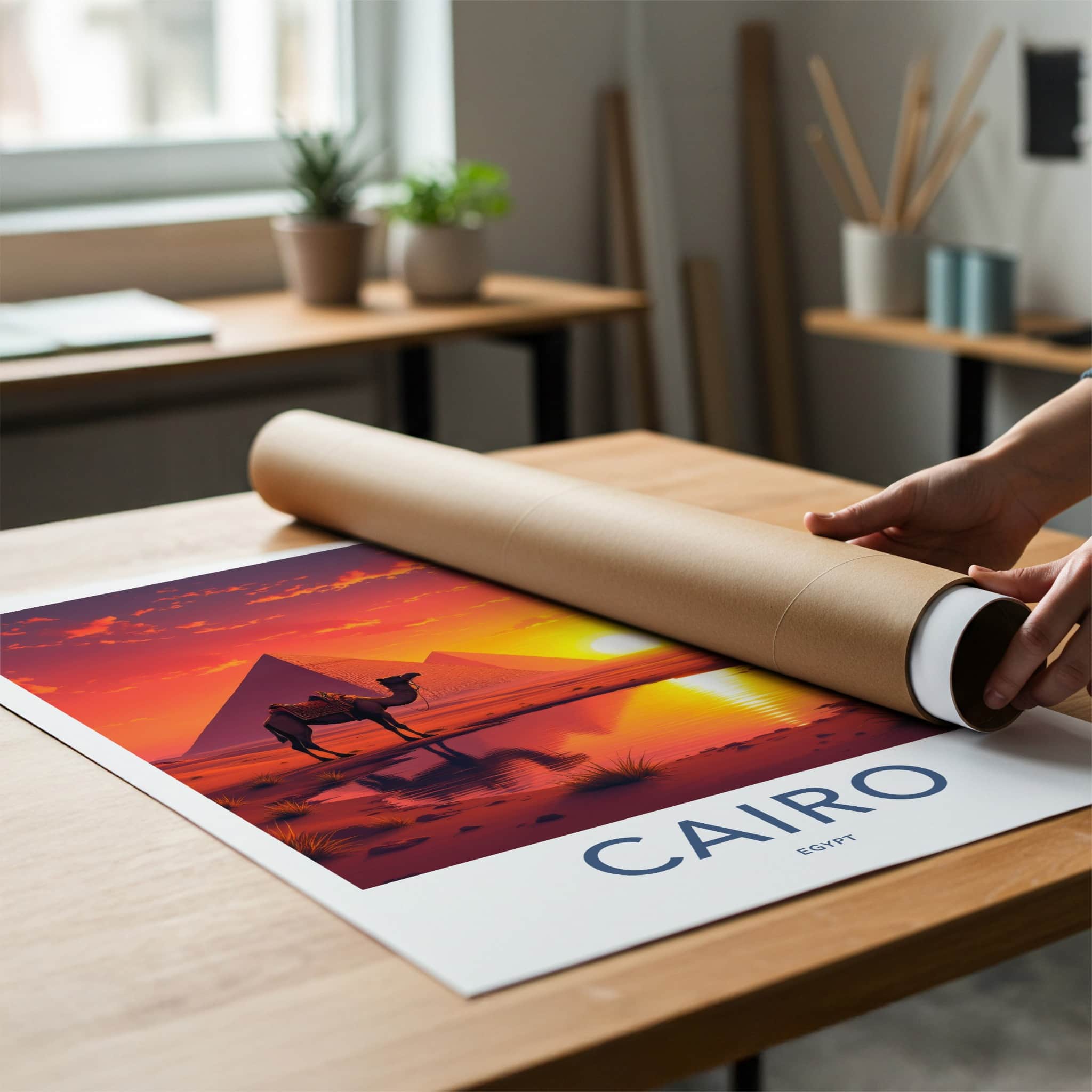 Cairo Poster - Egypt Travel Art - Desert Sunset Camel Home Decor