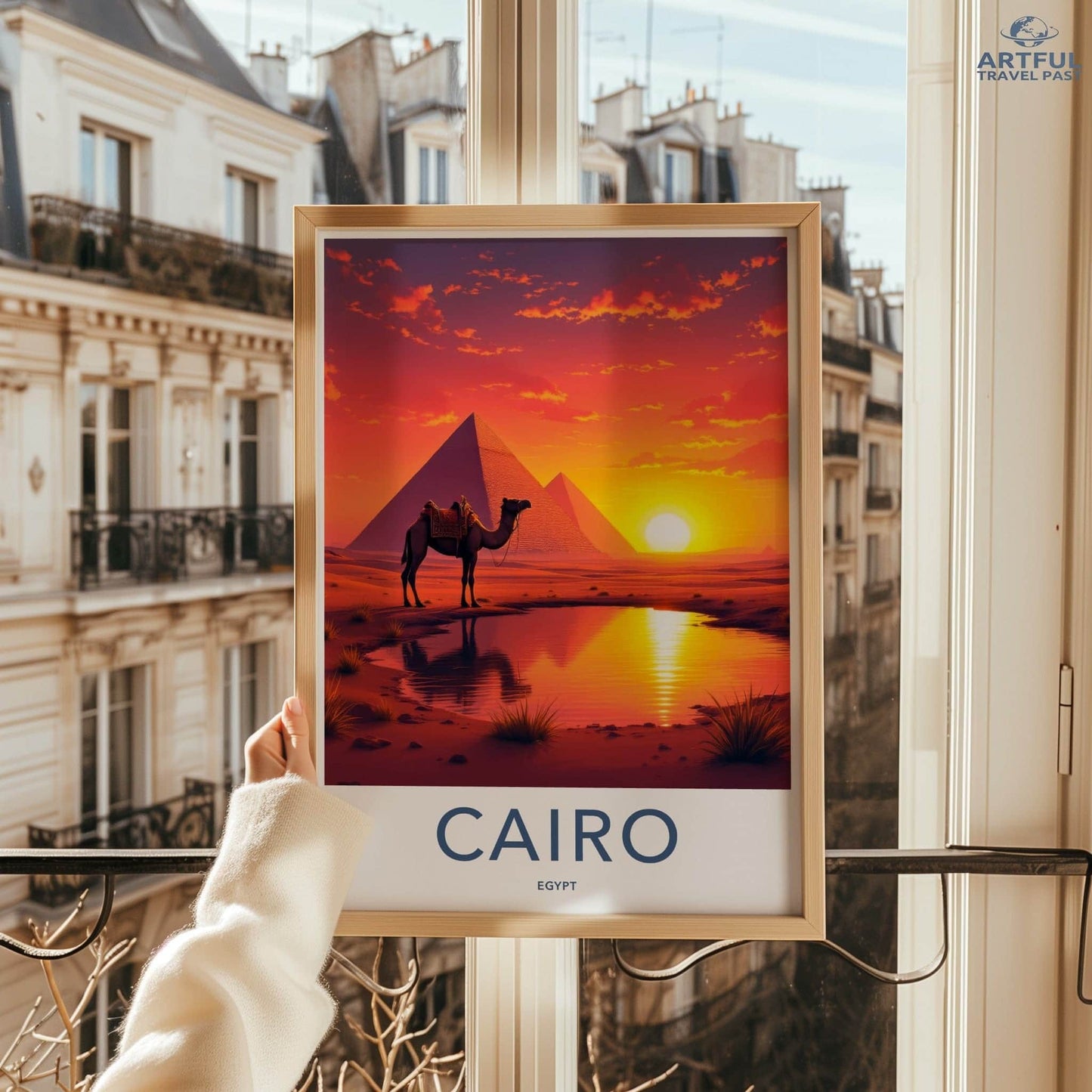 Cairo Poster - Egypt Travel Art - Desert Sunset Camel Home Decor