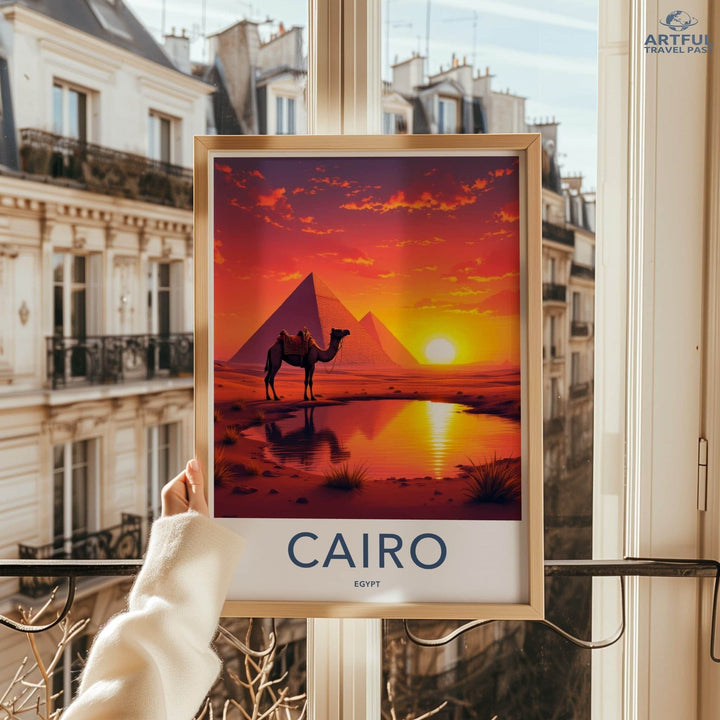 Cairo Poster - Egypt Travel Art - Desert Sunset Camel Home Decor