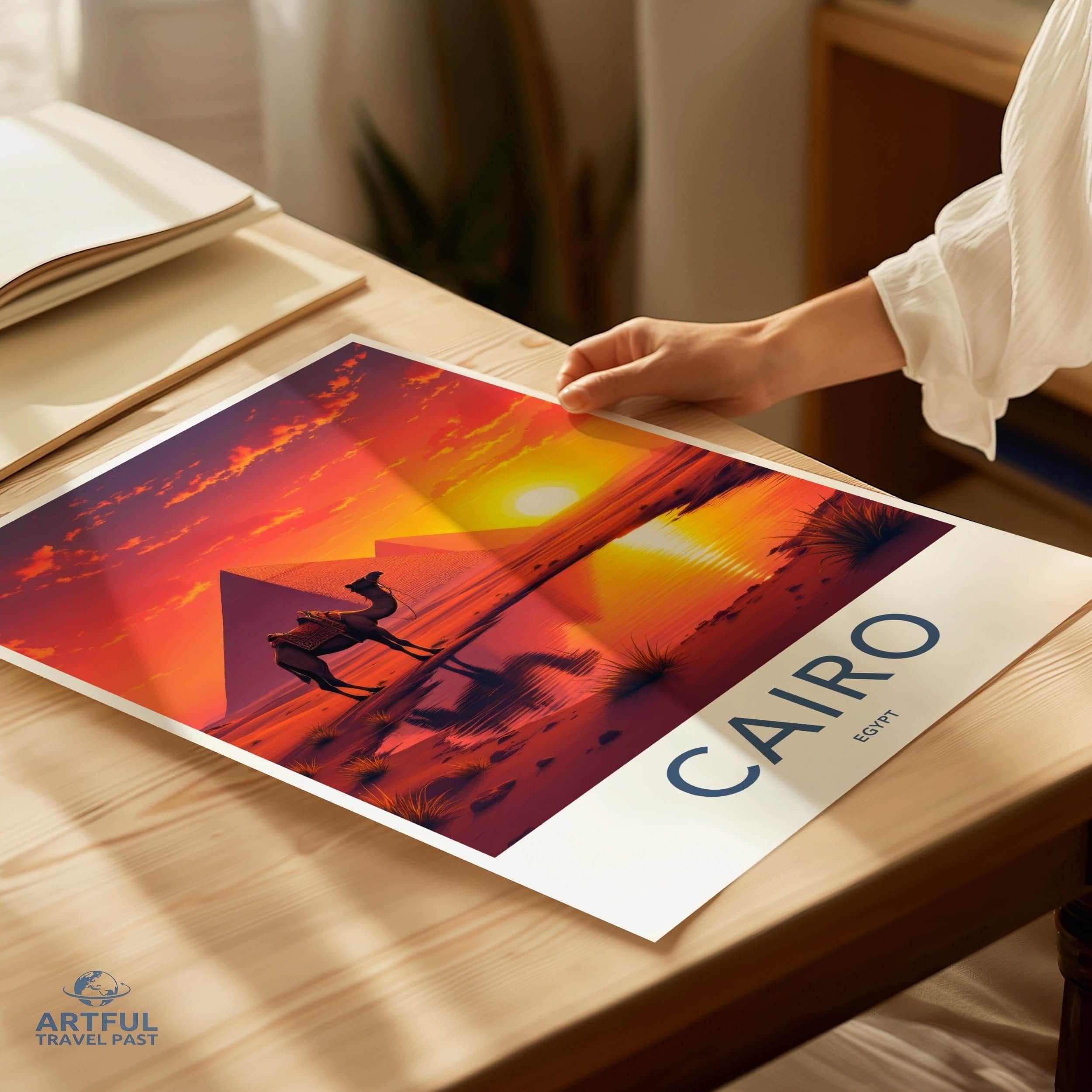 Cairo Poster - Egypt Travel Art - Desert Sunset Camel Home Decor