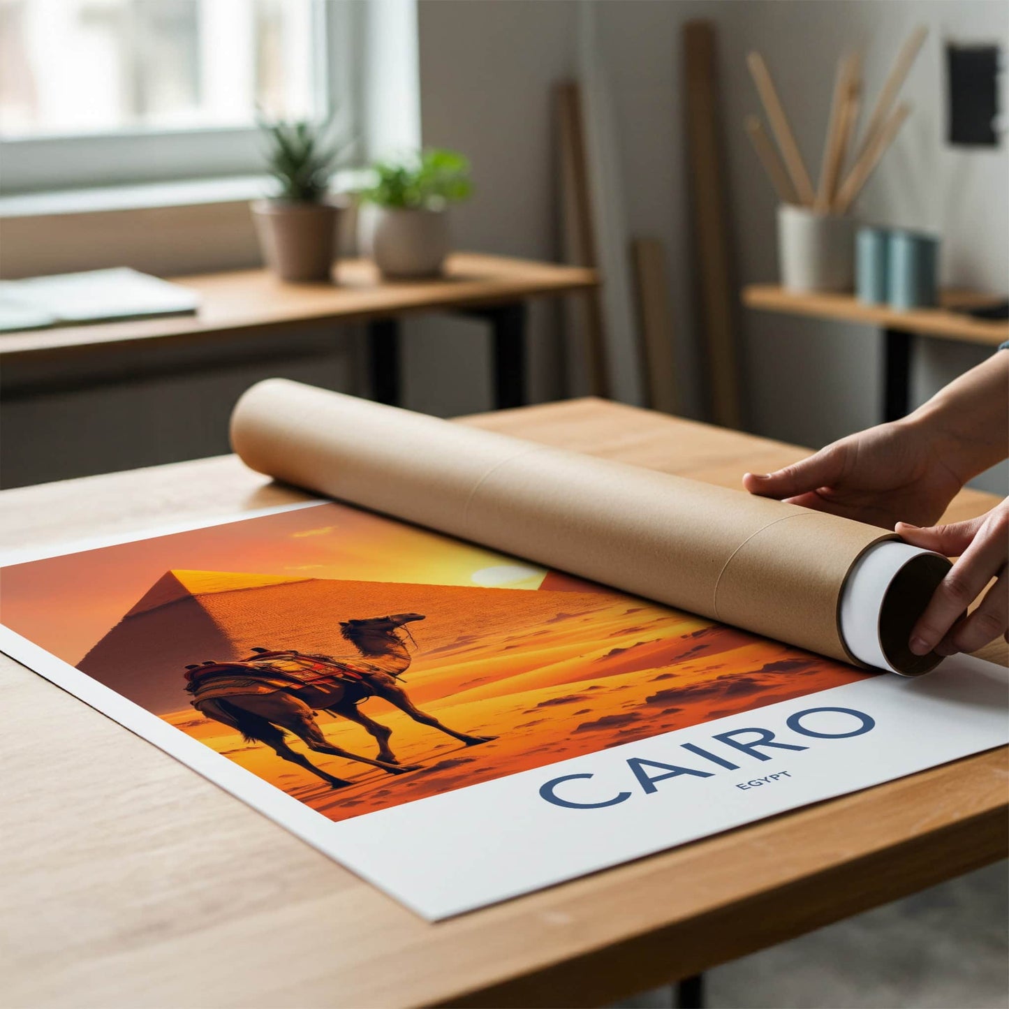 Cairo Poster - Egypt Travel Art - Desert Sunset Pyramids Home Decor