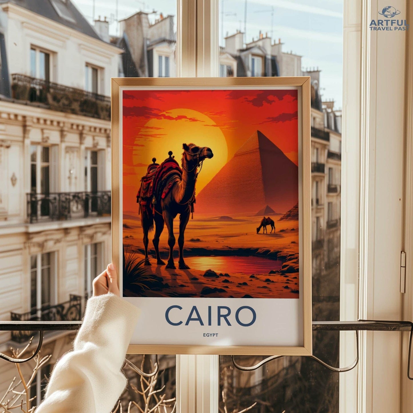 Cairo Poster - Egypt Travel Art - Desert Sunset Pyramids Home Decor