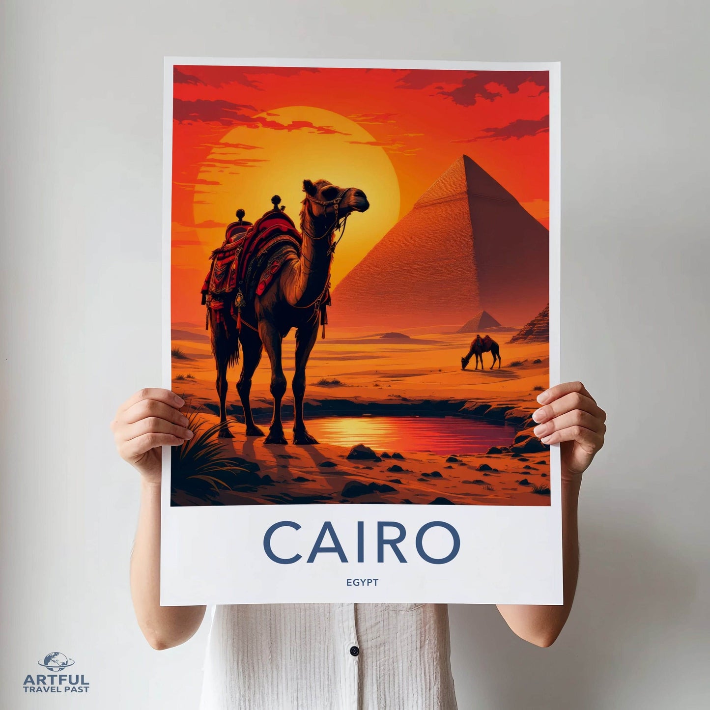 Cairo Poster - Egypt Travel Art - Desert Sunset Pyramids Home Decor