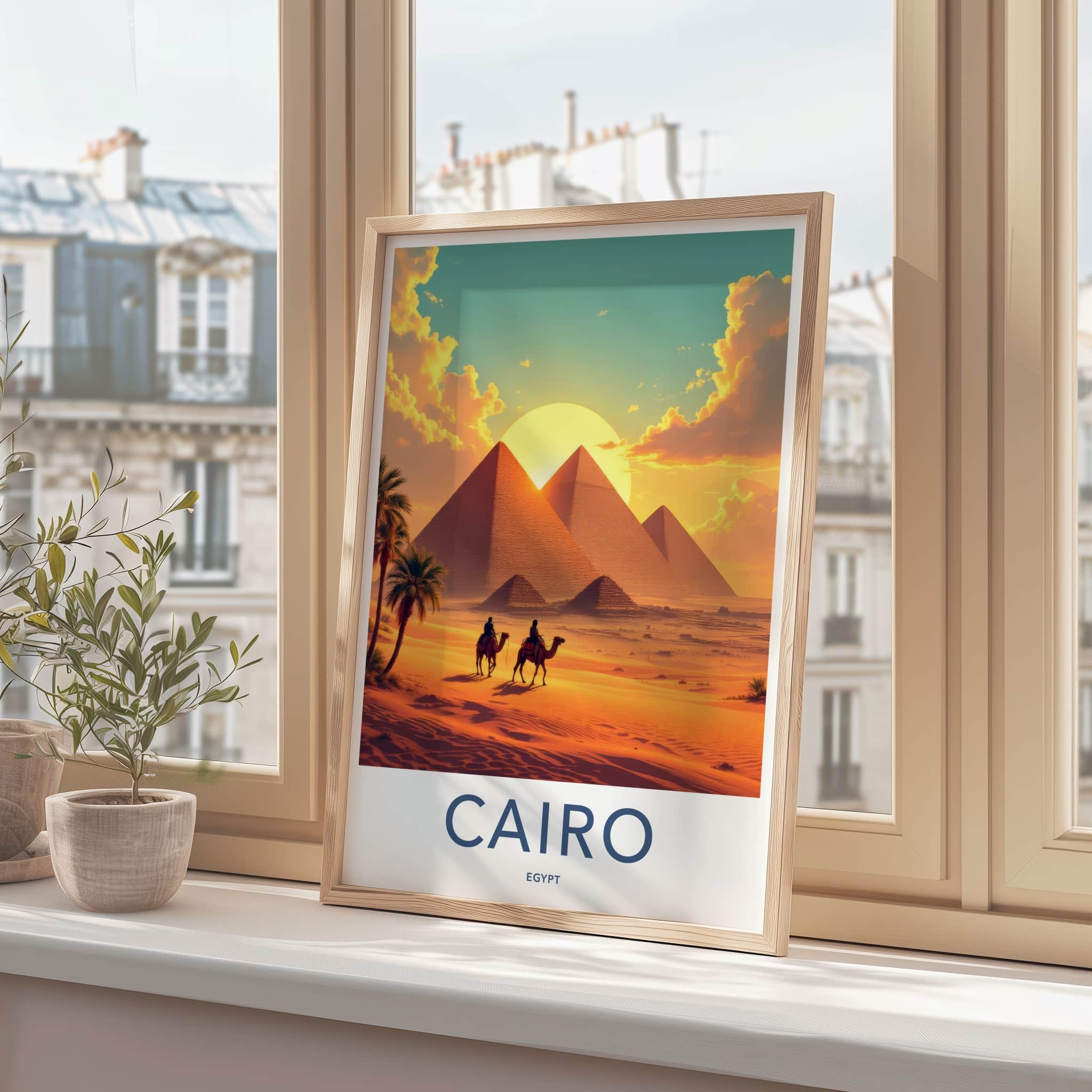 Cairo Poster - Egypt Travel Art - Desert Sunset Pyramids Home Decor