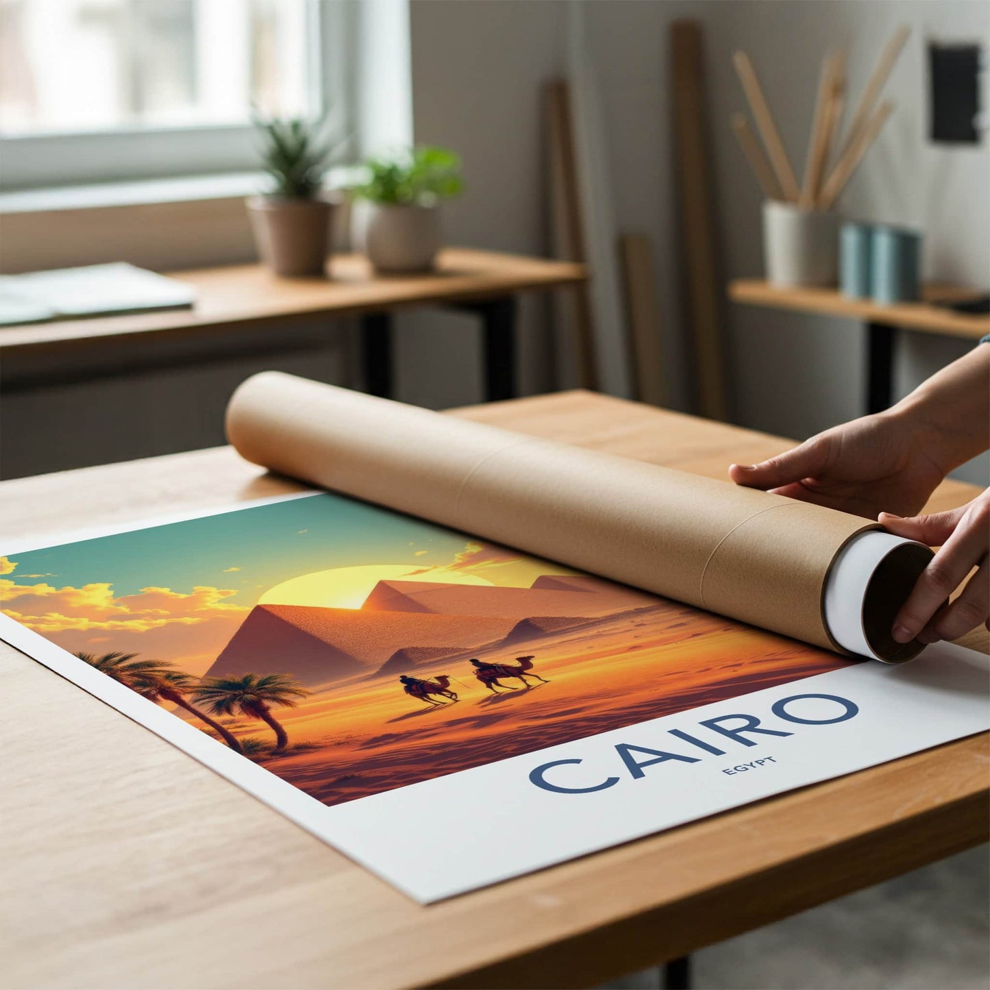 Cairo Poster - Egypt Travel Art - Desert Sunset Pyramids Home Decor