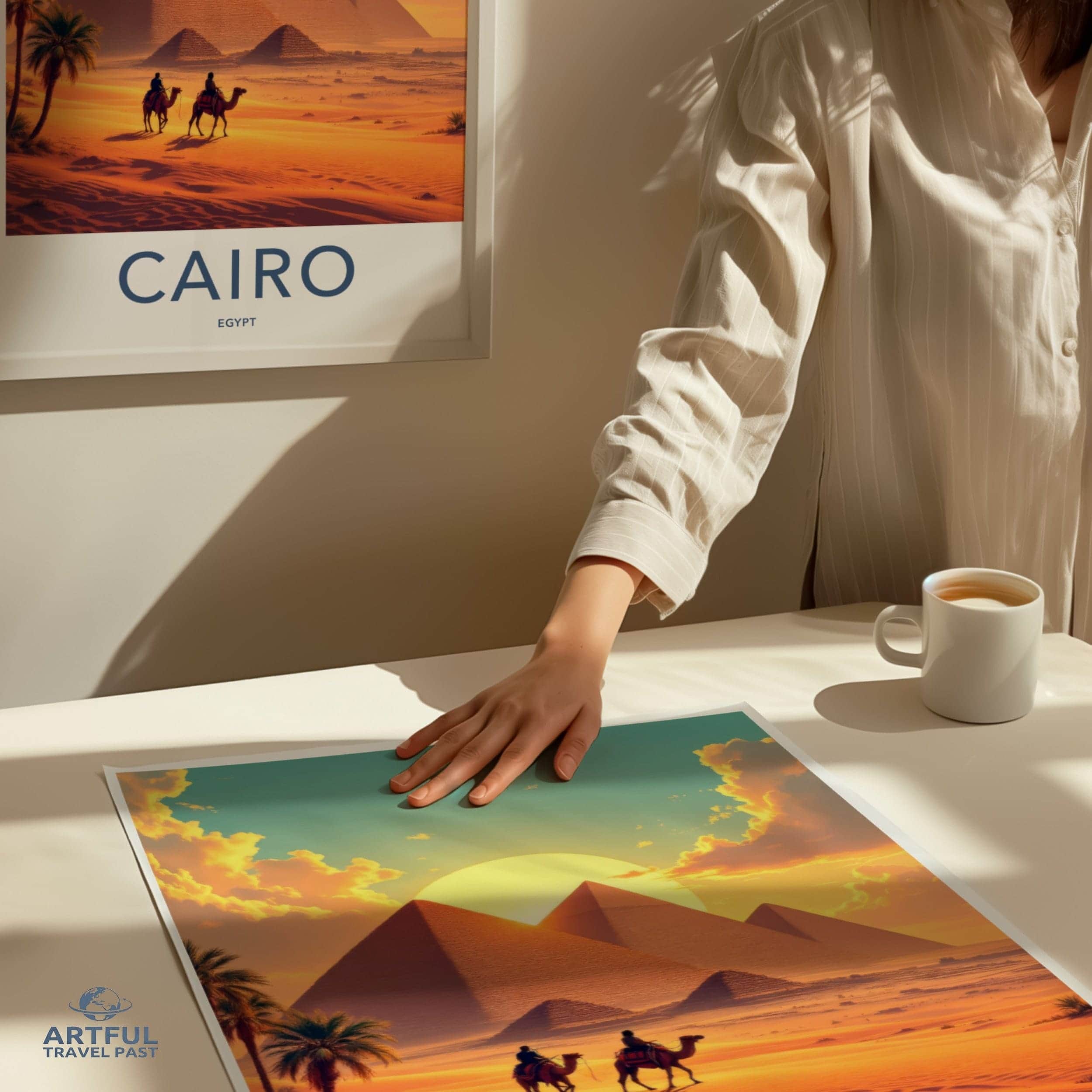 Cairo Poster - Egypt Travel Art - Desert Sunset Pyramids Home Decor