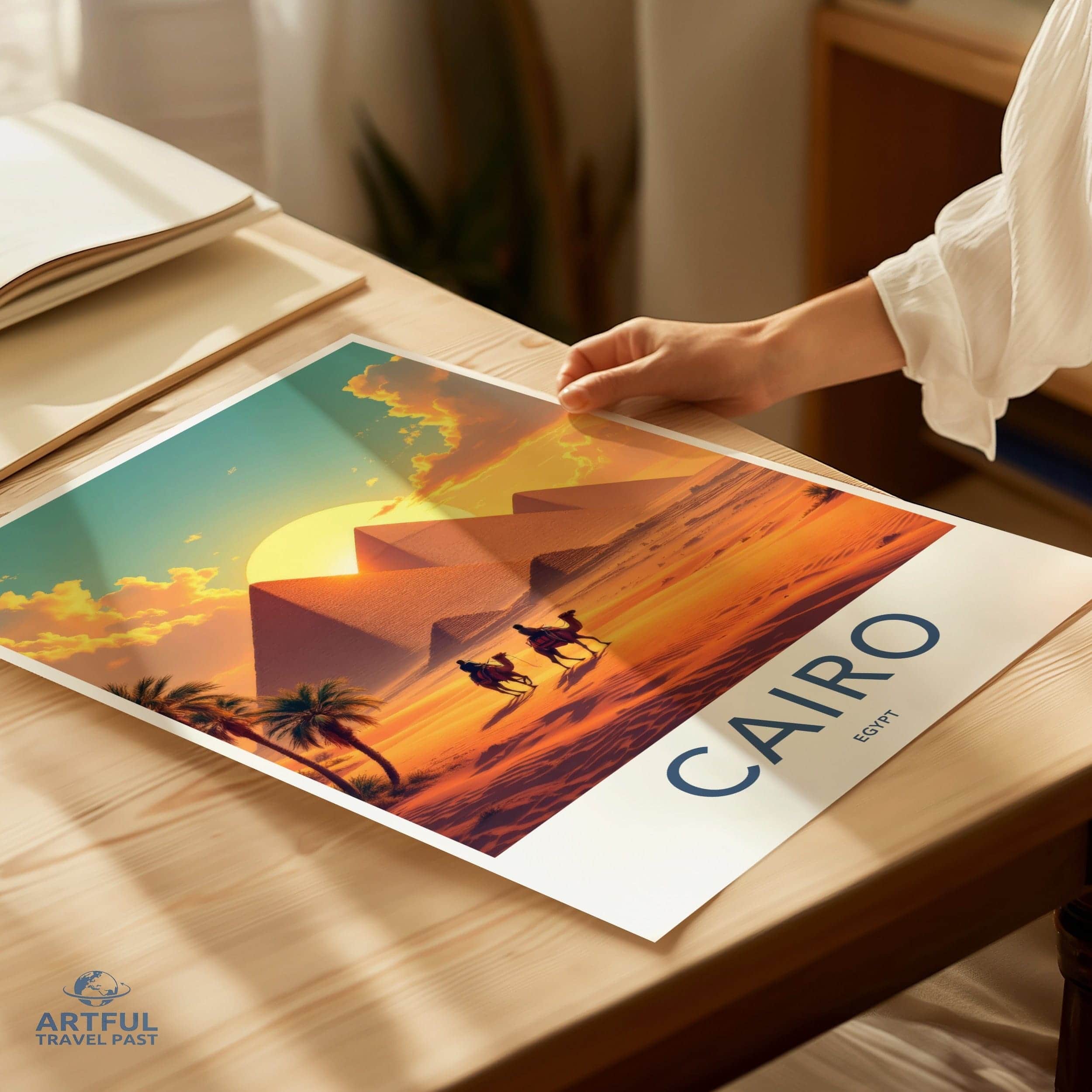 Cairo Poster - Egypt Travel Art - Desert Sunset Pyramids Home Decor