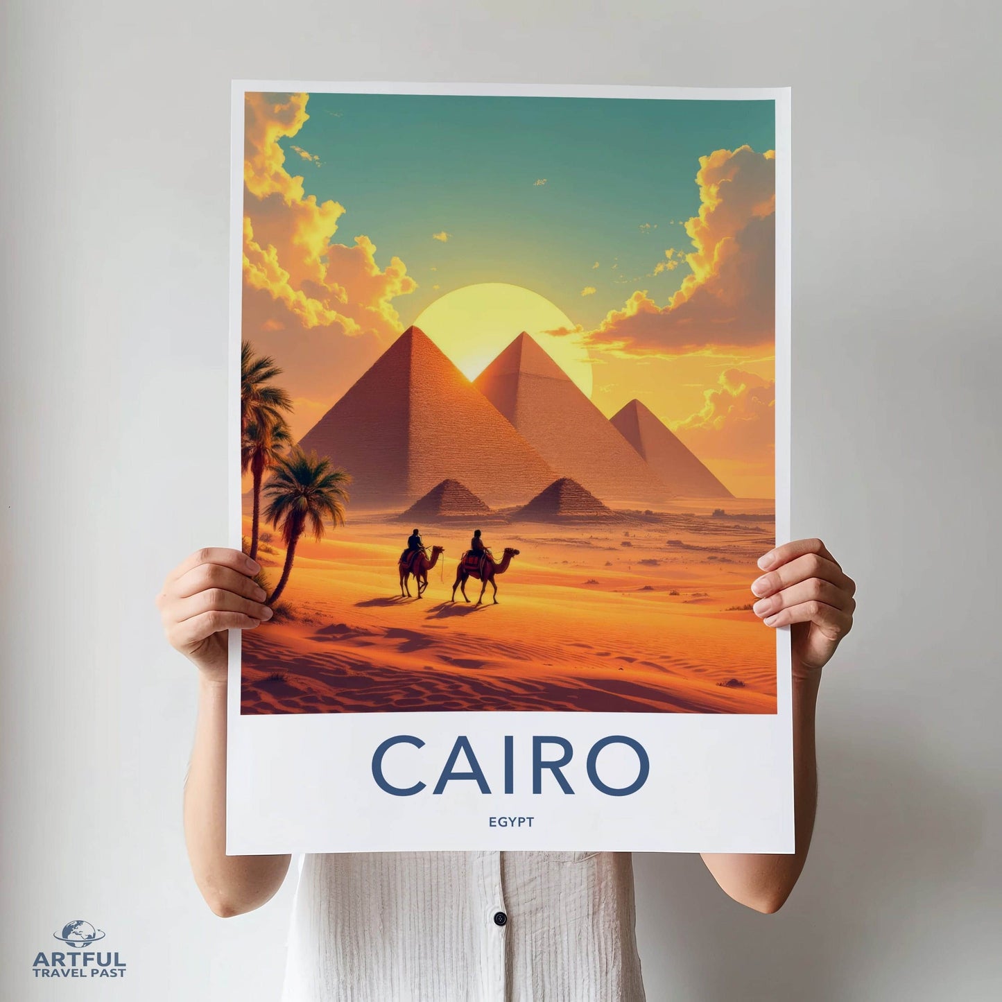 Cairo Poster - Egypt Travel Art - Desert Sunset Pyramids Home Decor