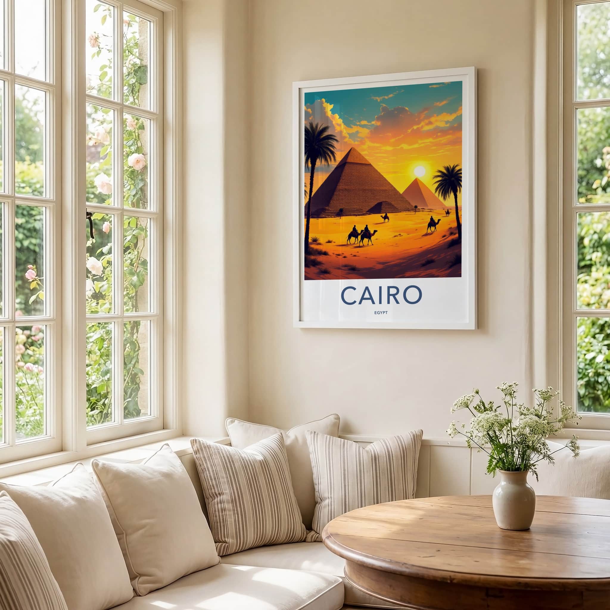 Cairo Poster - Egypt Travel Art - Golden Pyramids Sunset Home Decor