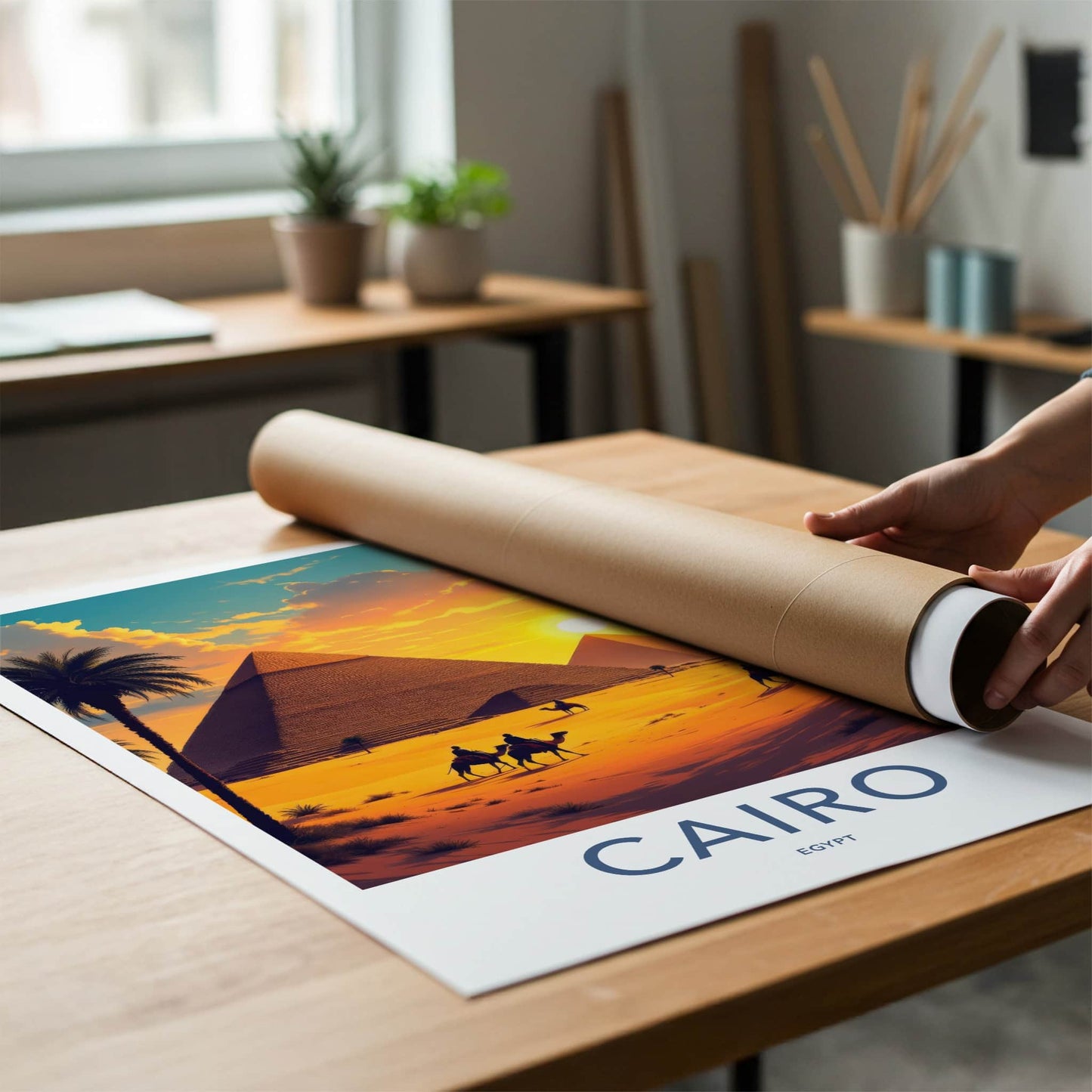 Cairo Poster - Egypt Travel Art - Golden Pyramids Sunset Home Decor
