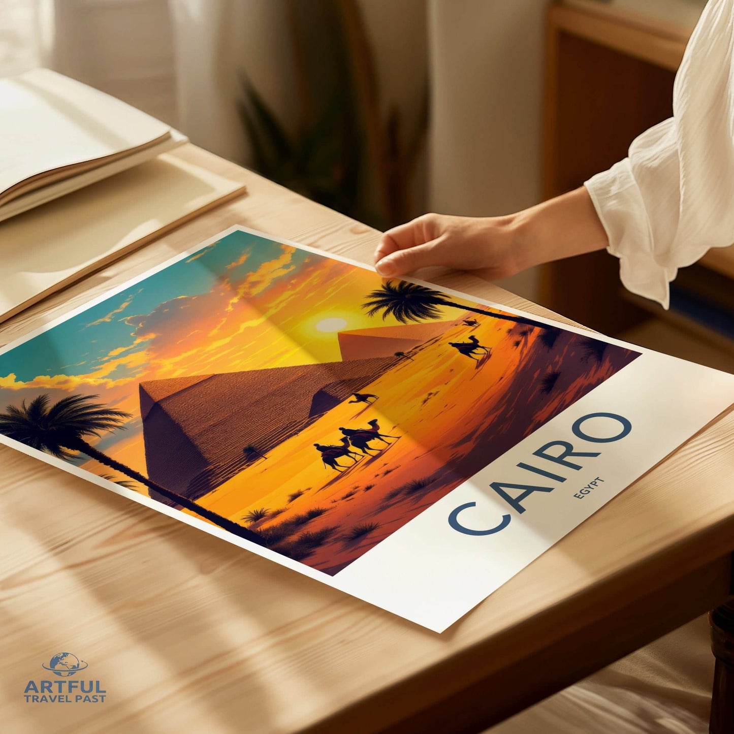 Cairo Poster - Egypt Travel Art - Golden Pyramids Sunset Home Decor