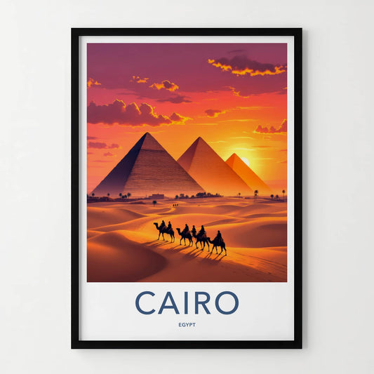 Cairo Poster - Egypt Travel Art - Golden Pyramids Sunset Home Decor
