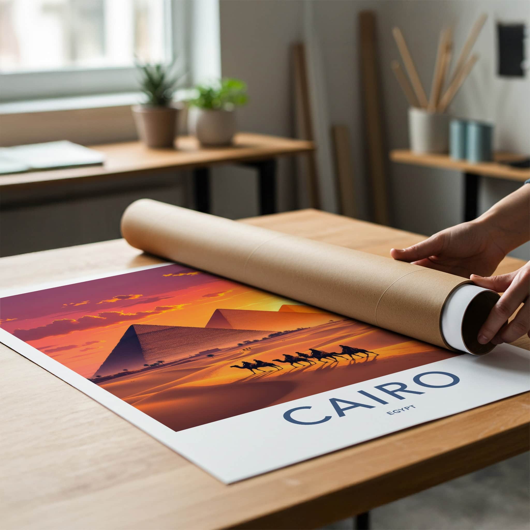 Cairo Poster - Egypt Travel Art - Golden Pyramids Sunset Home Decor