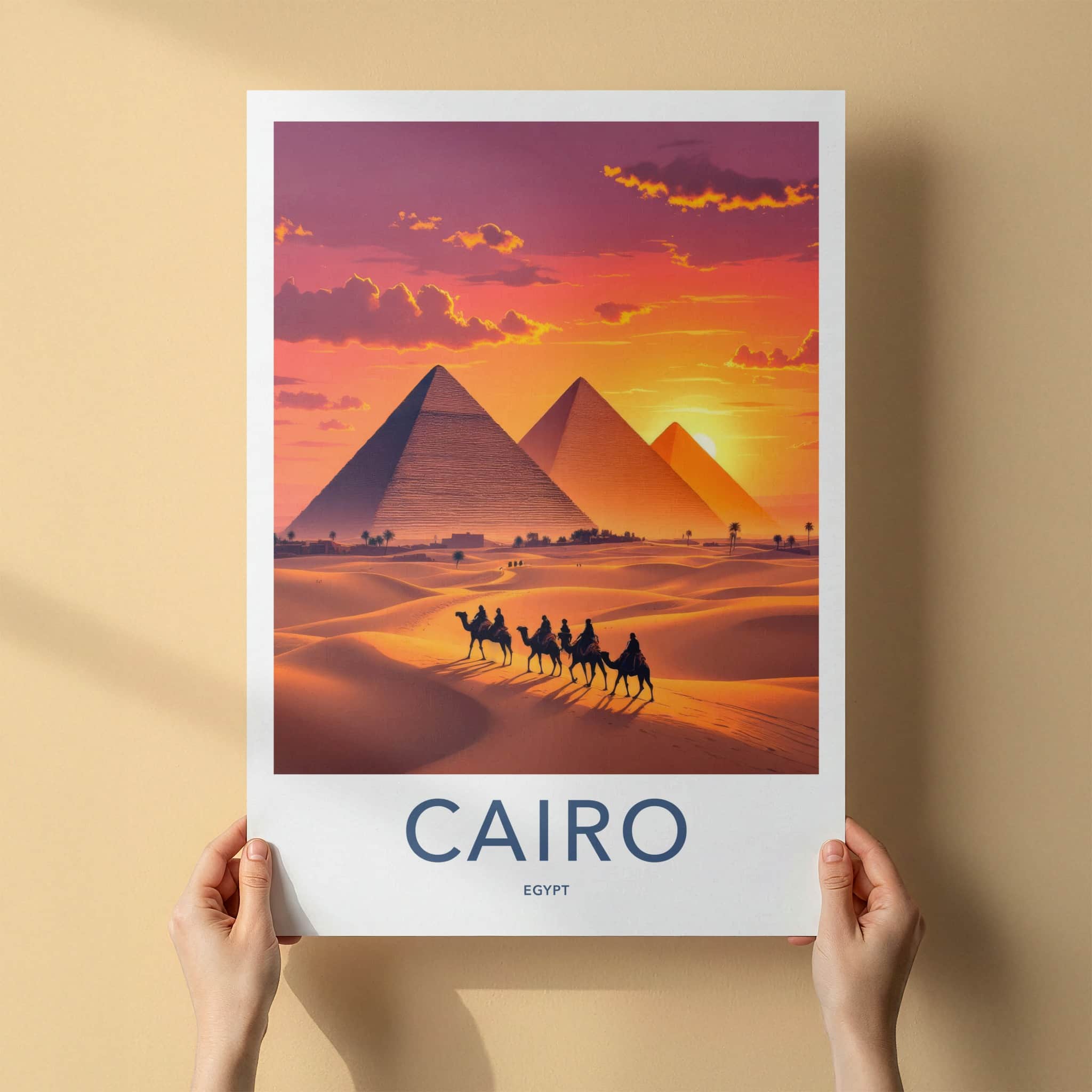 Cairo Poster - Egypt Travel Art - Golden Pyramids Sunset Home Decor