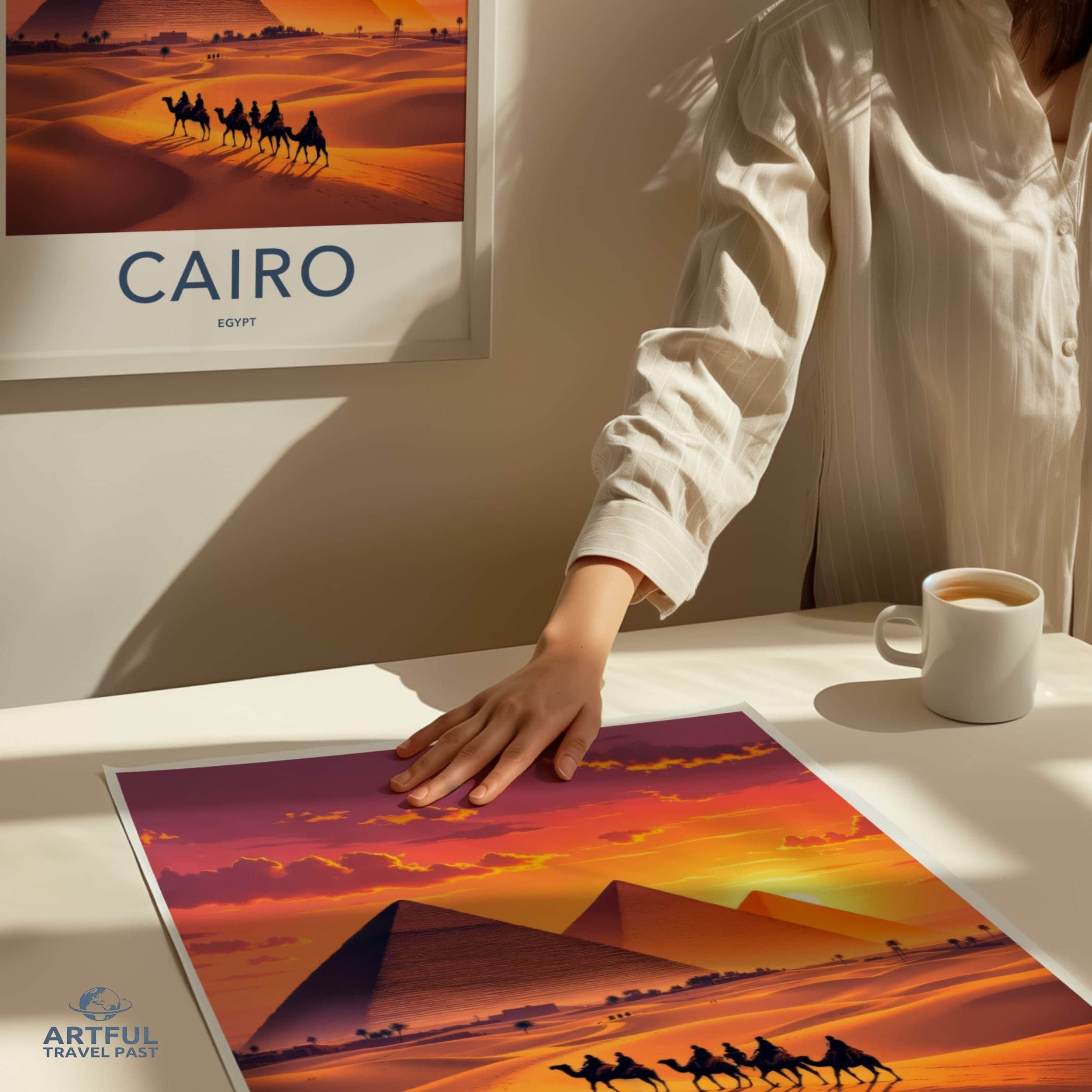 Cairo Poster - Egypt Travel Art - Golden Pyramids Sunset Home Decor