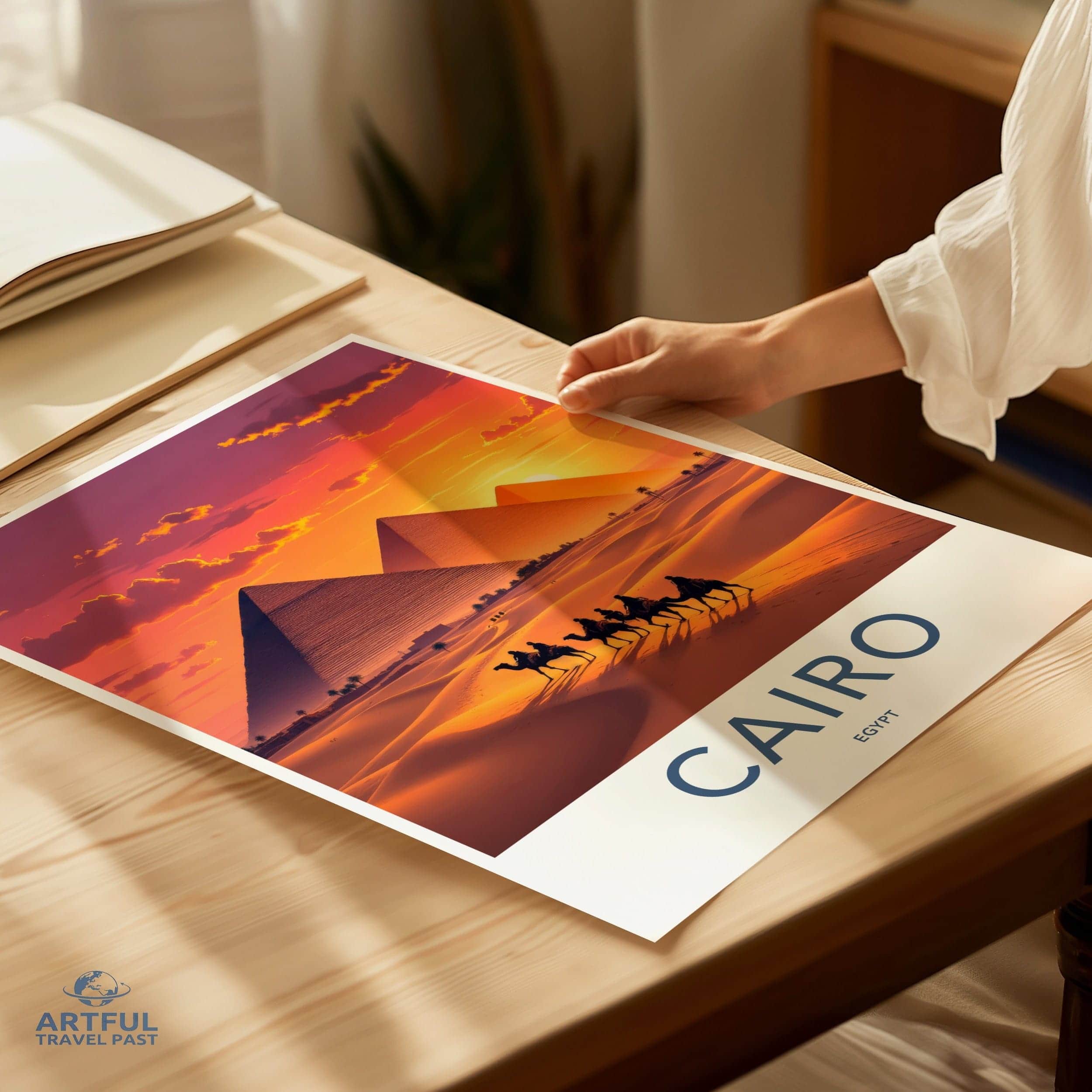 Cairo Poster - Egypt Travel Art - Golden Pyramids Sunset Home Decor