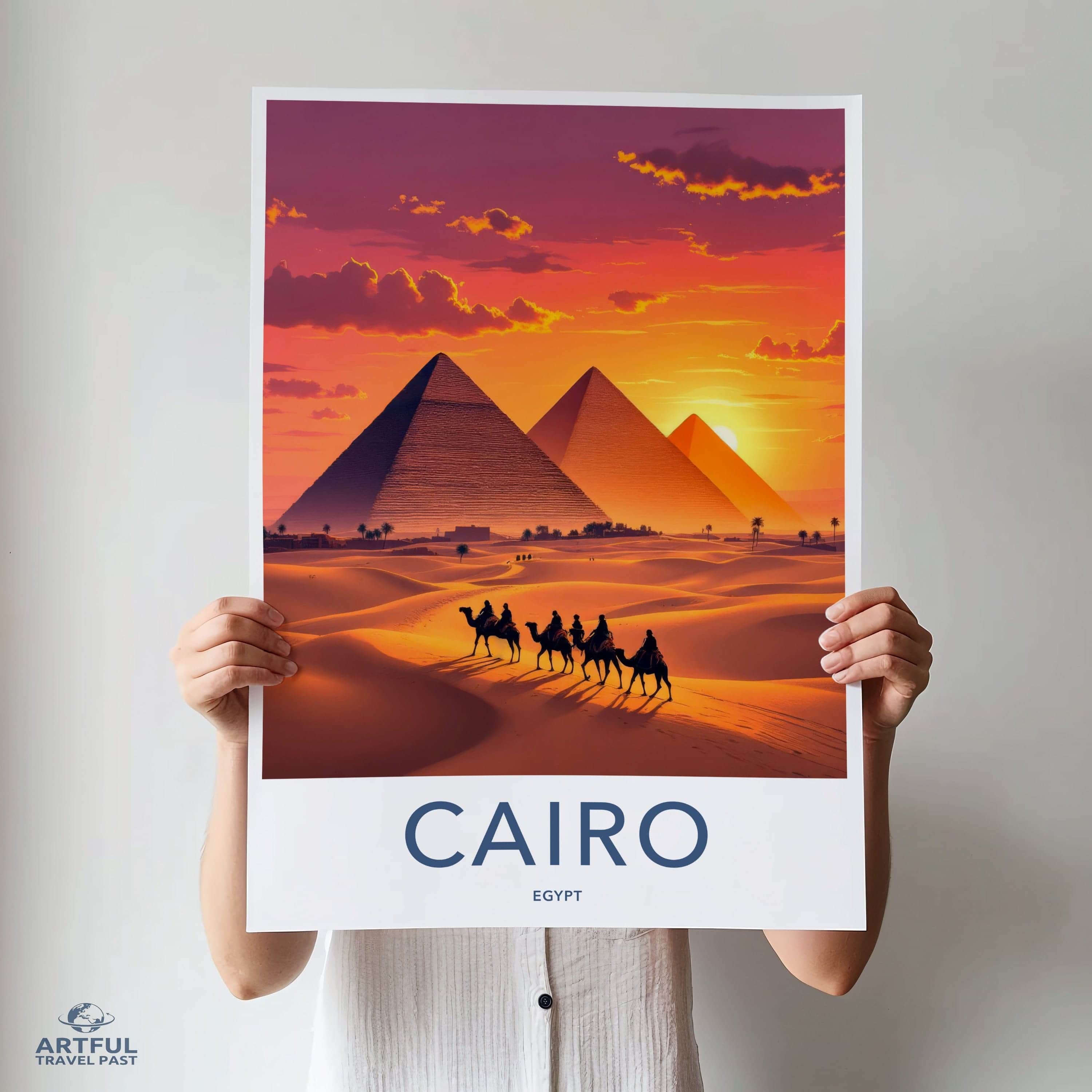 Cairo Poster - Egypt Travel Art - Golden Pyramids Sunset Home Decor