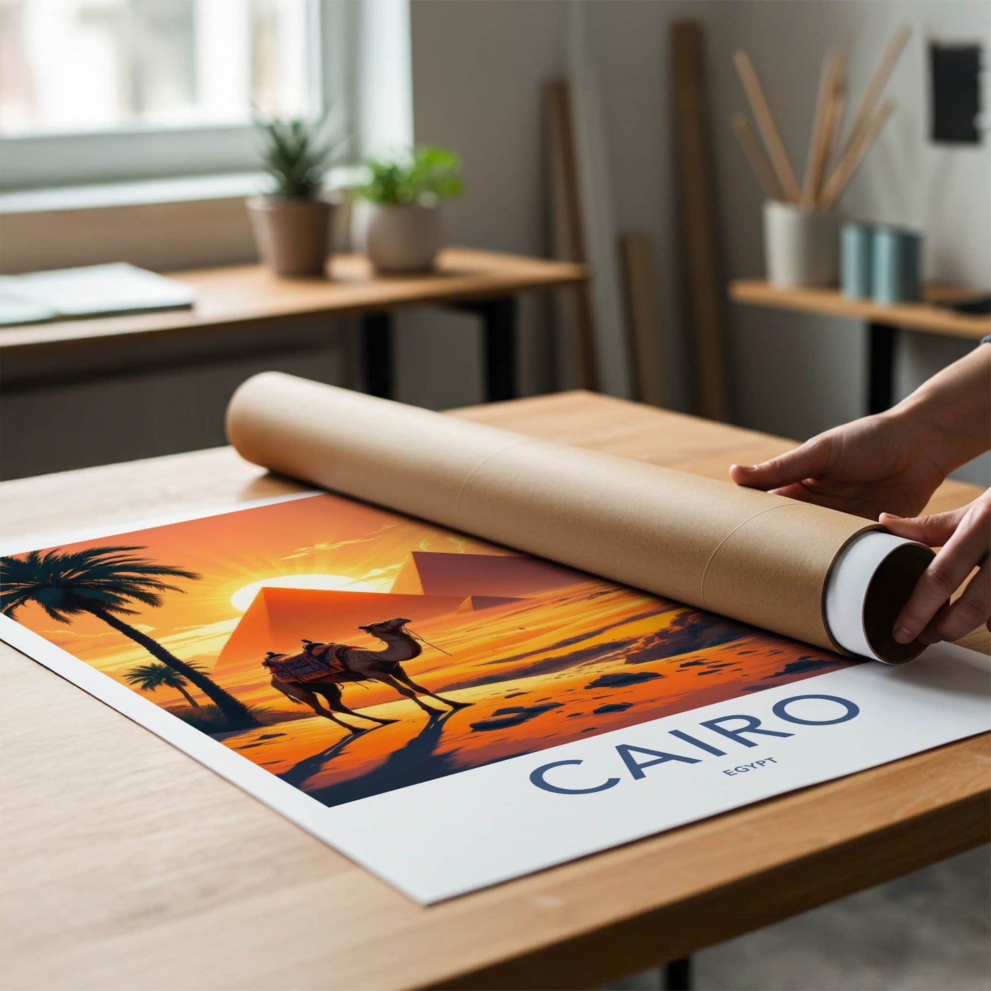 Cairo Poster - Egypt Travel Art - Orange Desert Pyramids Home Decor