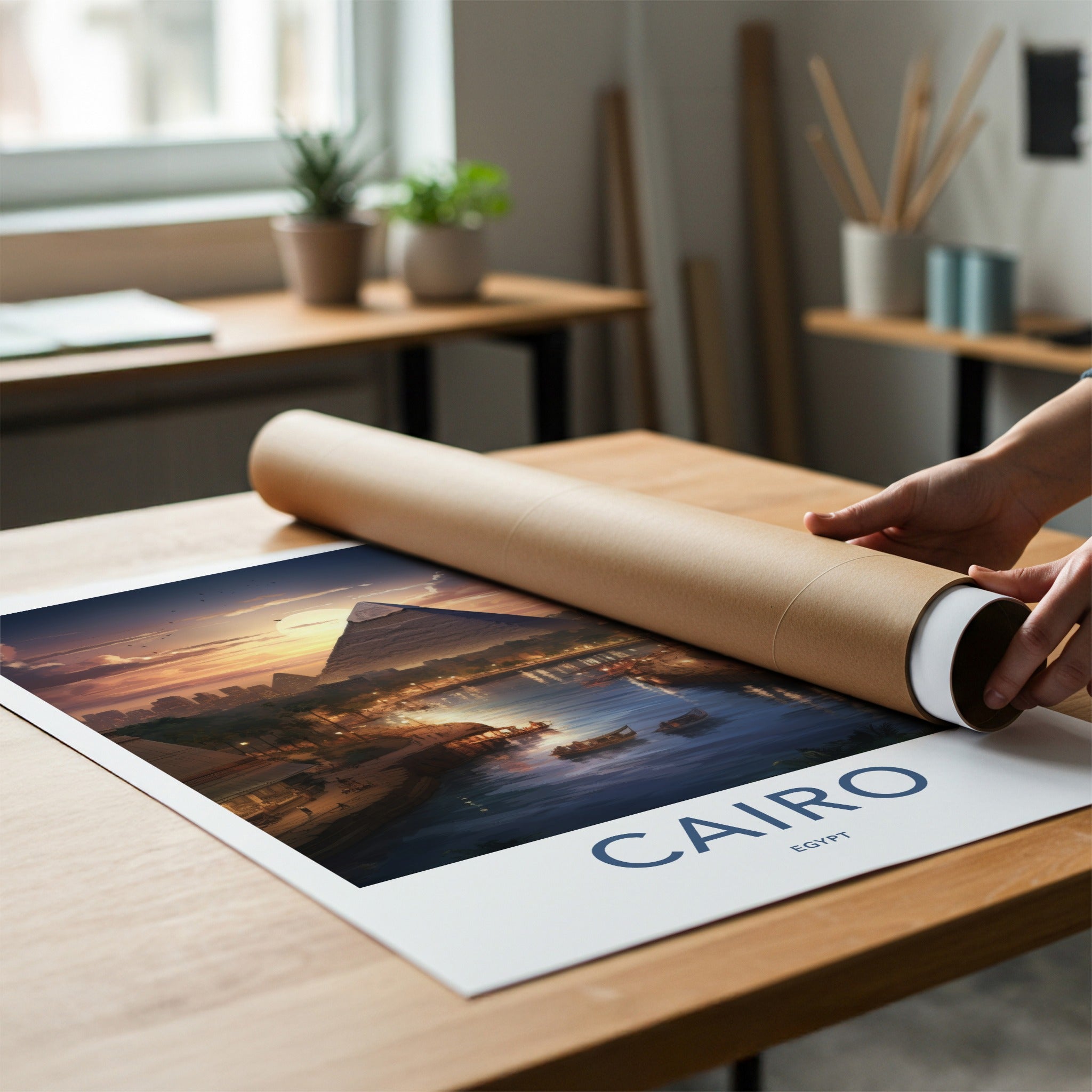Cairo Poster - Egypt Travel Art - Pyramid River Sunset Home Decor