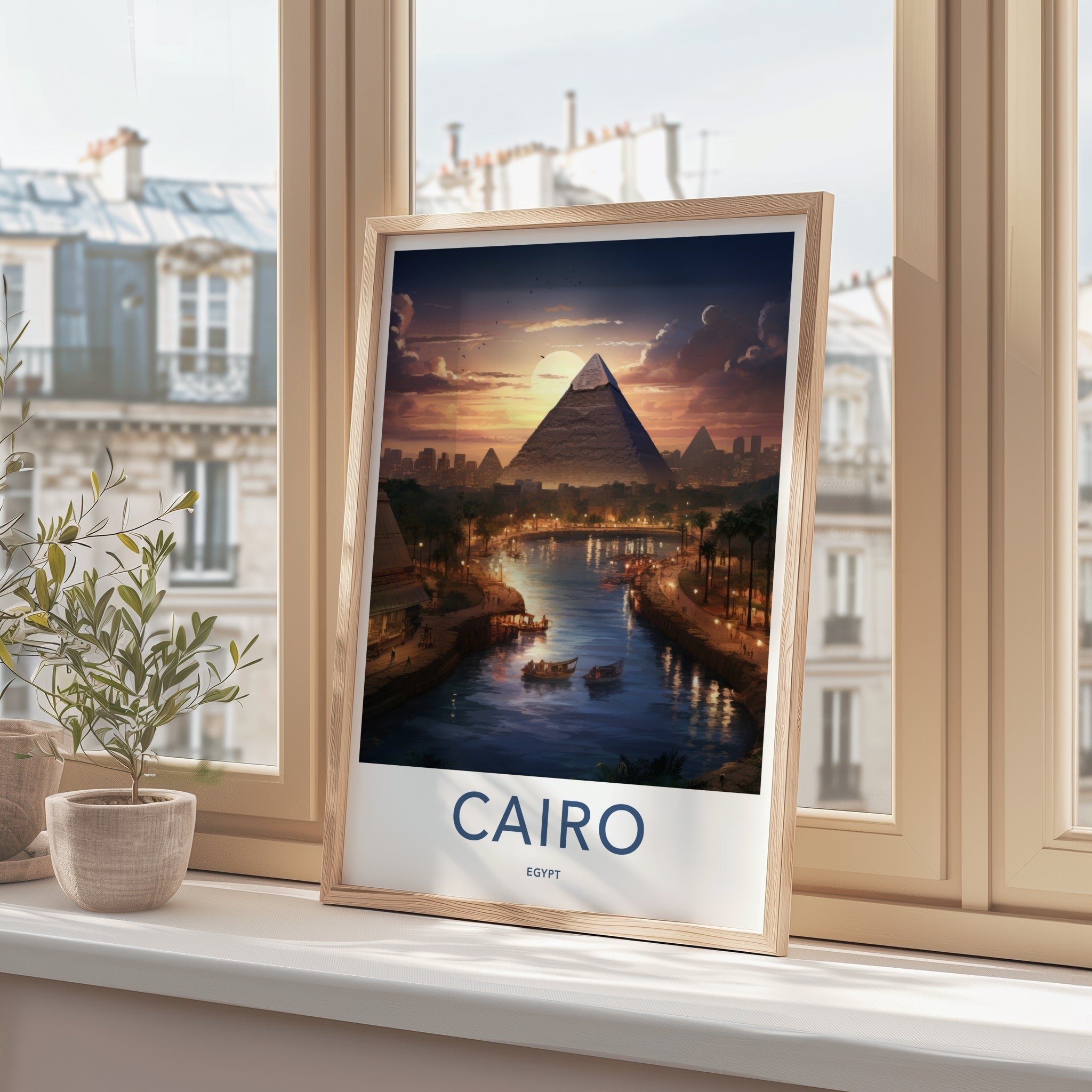 Cairo Poster - Egypt Travel Art - Pyramid River Sunset Home Decor