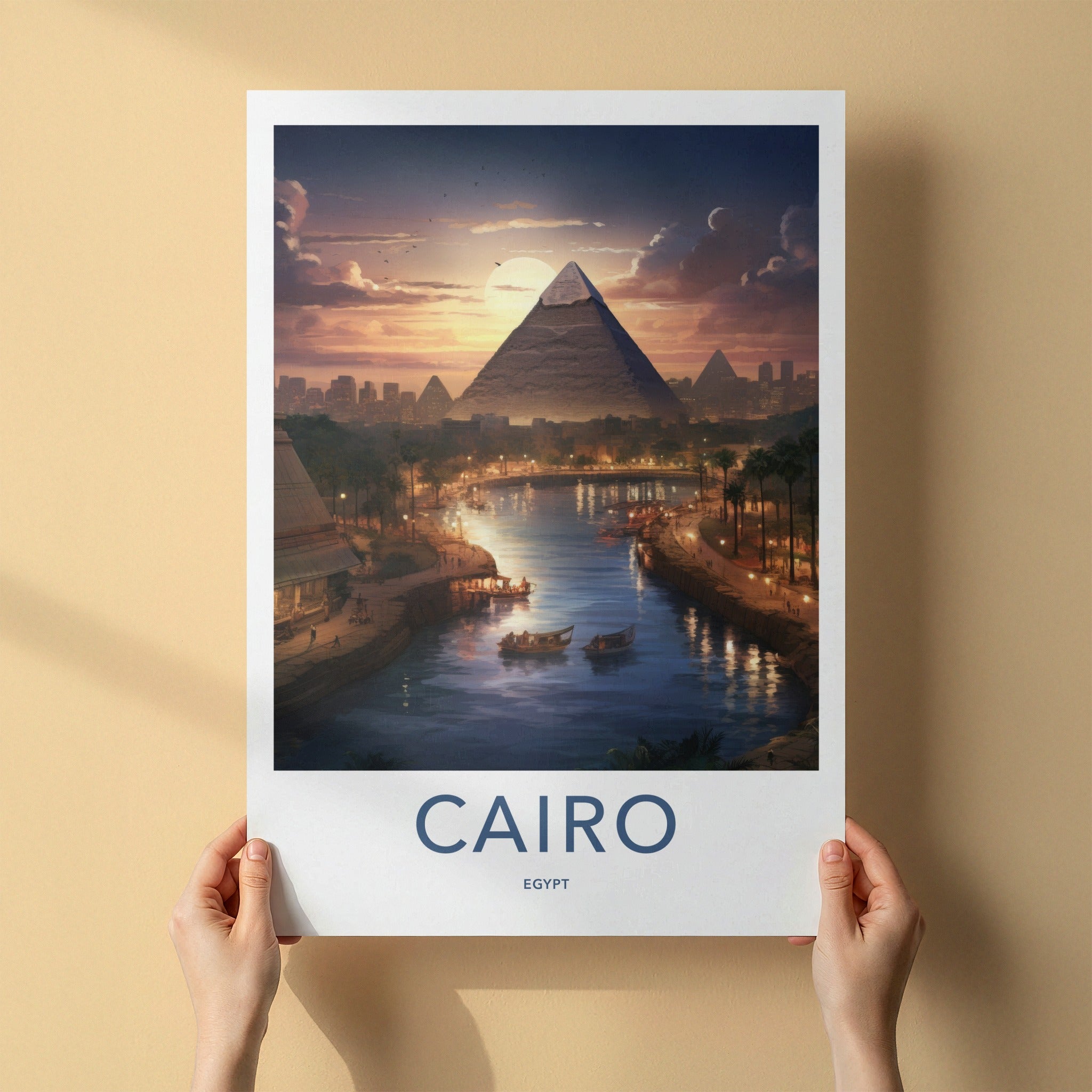 Cairo Poster - Egypt Travel Art - Pyramid River Sunset Home Decor