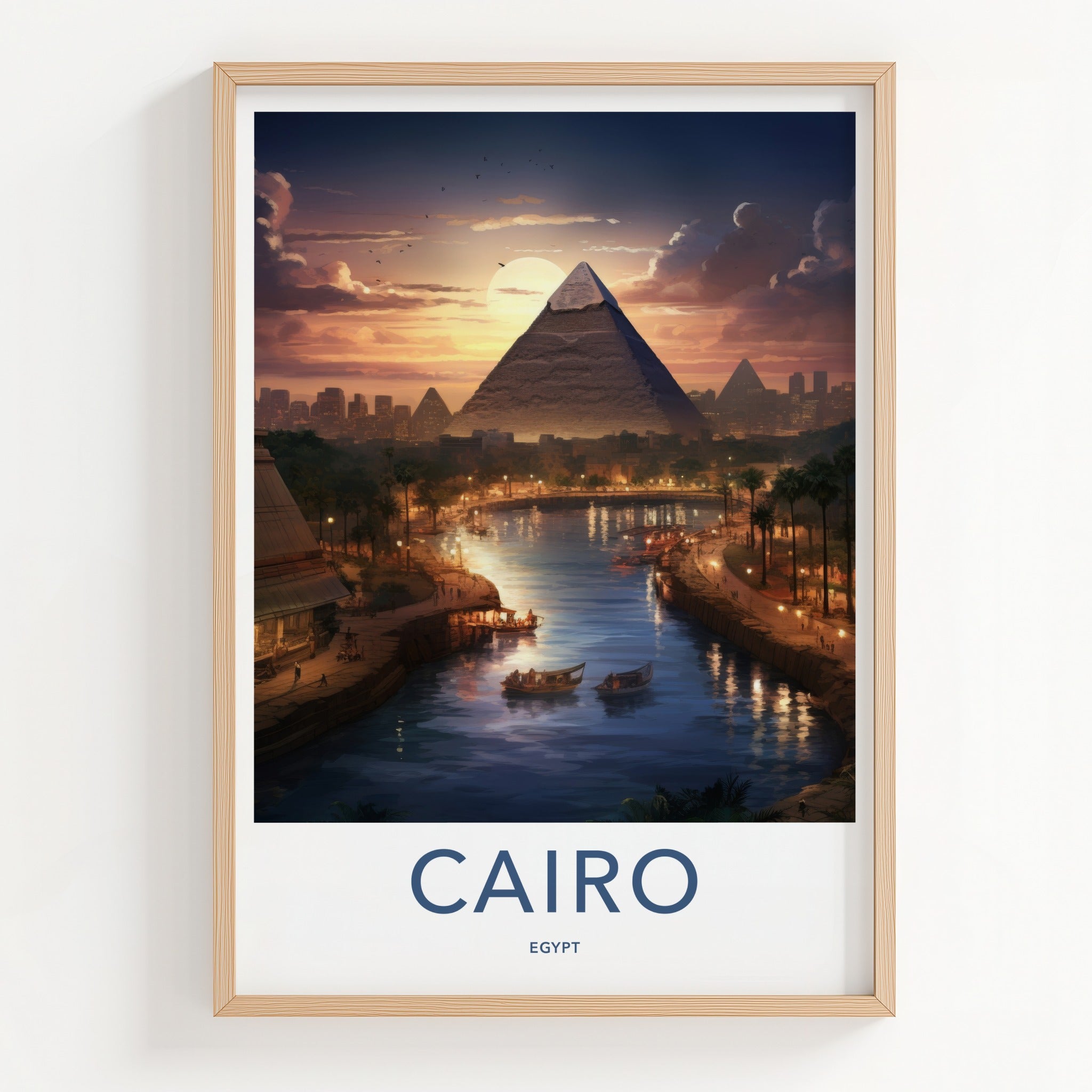 Cairo Poster - Egypt Travel Art - Pyramid River Sunset Home Decor
