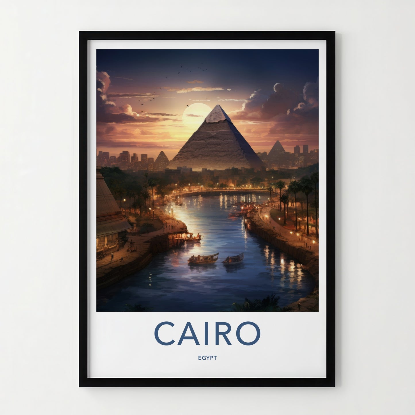 Cairo Poster - Egypt Travel Art - Pyramid River Sunset Home Decor