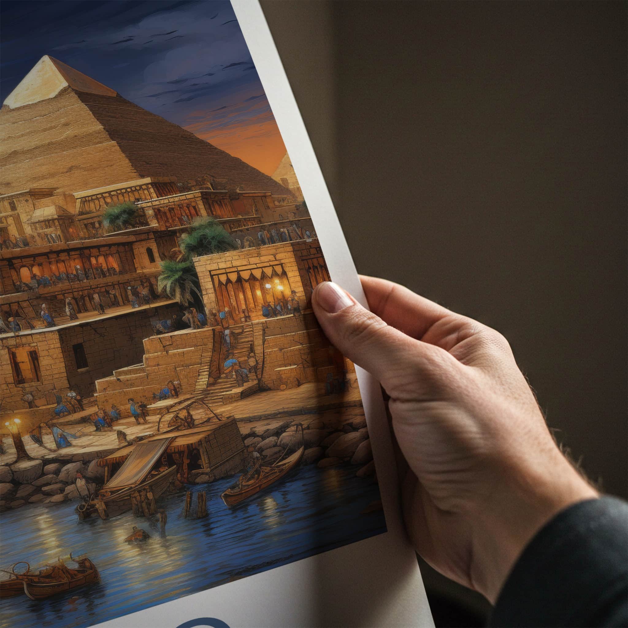 Cairo Poster - Egypt Travel Art - Pyramid Riverbank Evening Home Decor