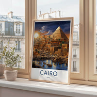 Cairo Poster - Egypt Travel Art - Pyramid Riverbank Evening Home Decor