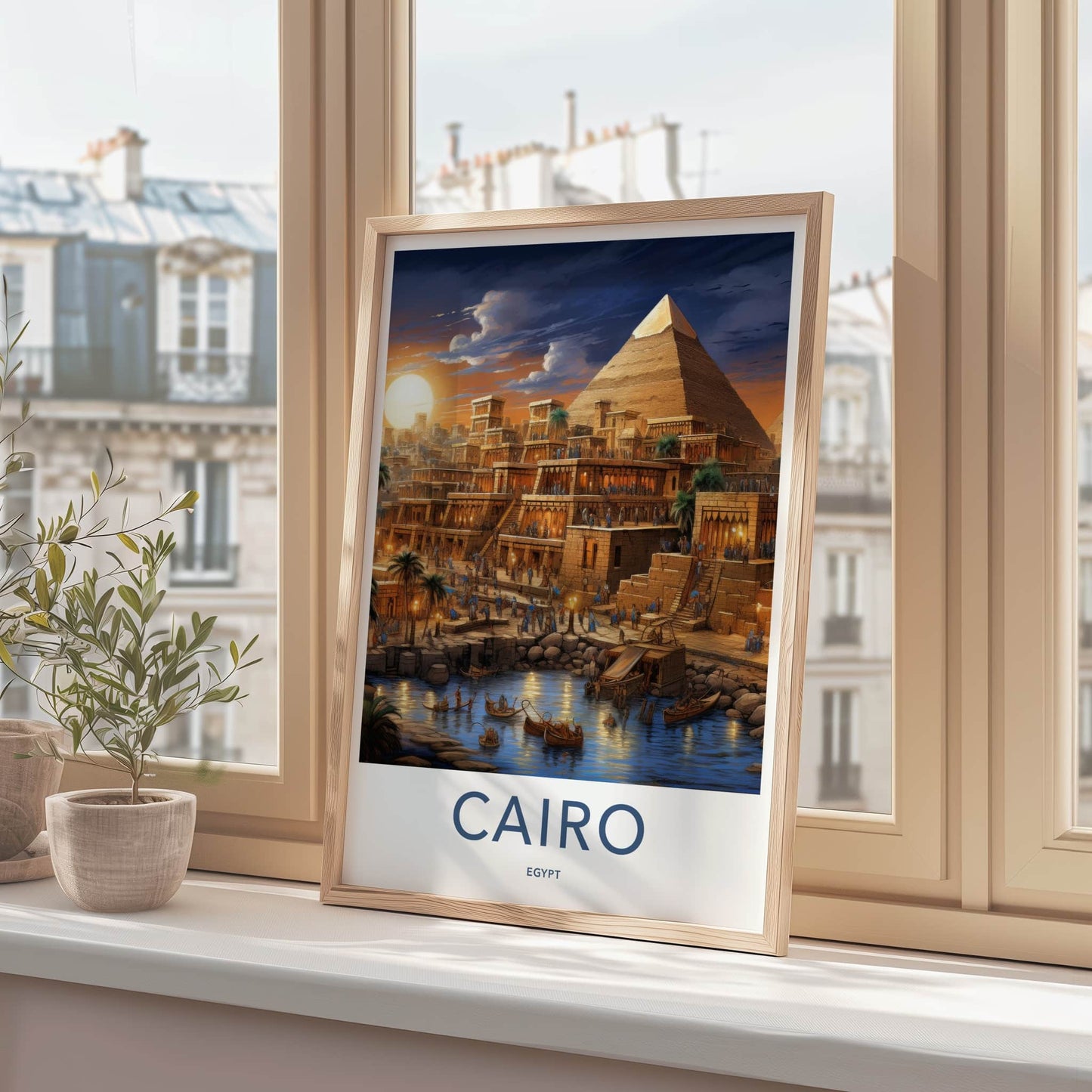 Cairo Poster - Egypt Travel Art - Pyramid Riverbank Evening Home Decor