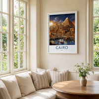 Cairo Poster - Egypt Travel Art - Pyramid Riverbank Evening Home Decor