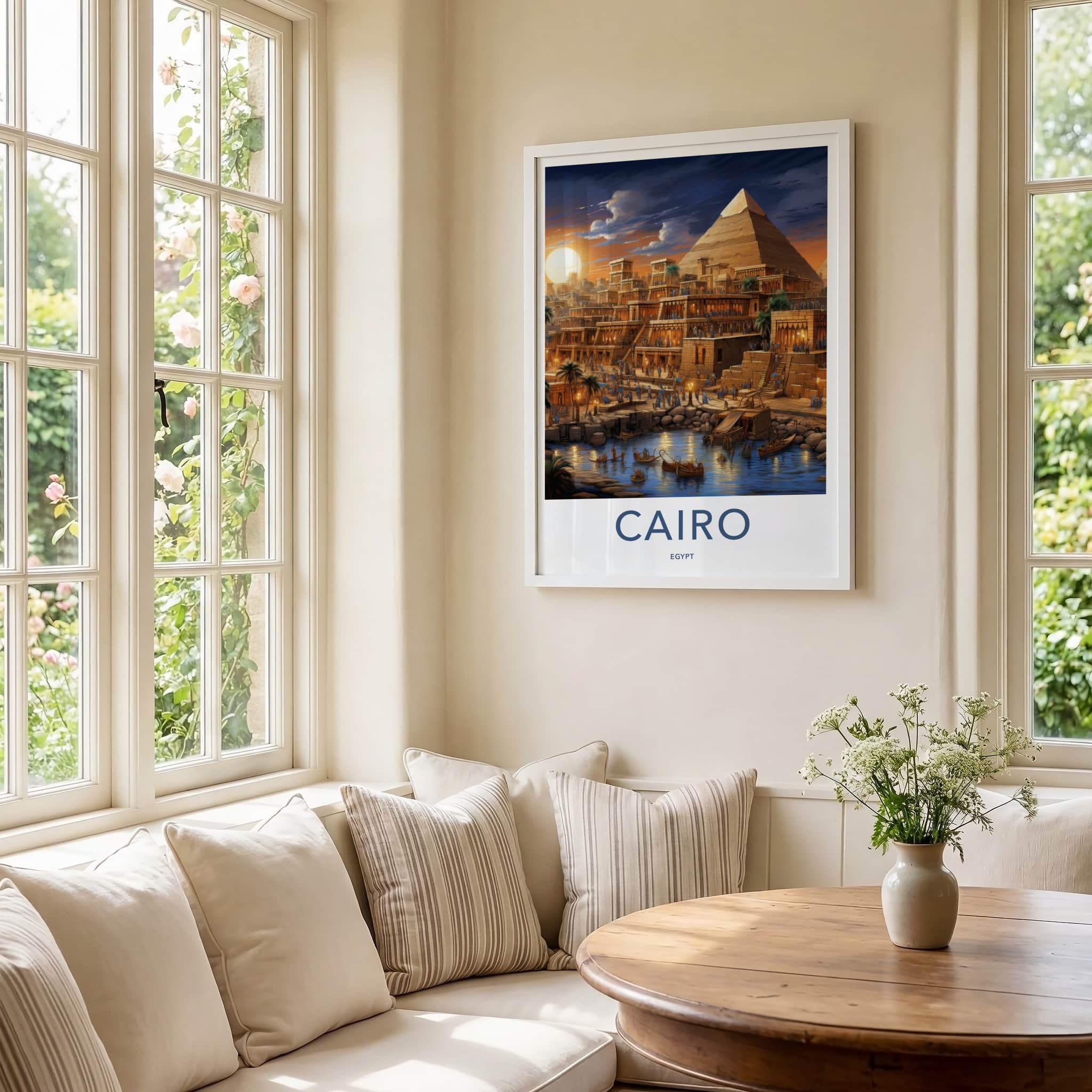 Cairo Poster - Egypt Travel Art - Pyramid Riverbank Evening Home Decor