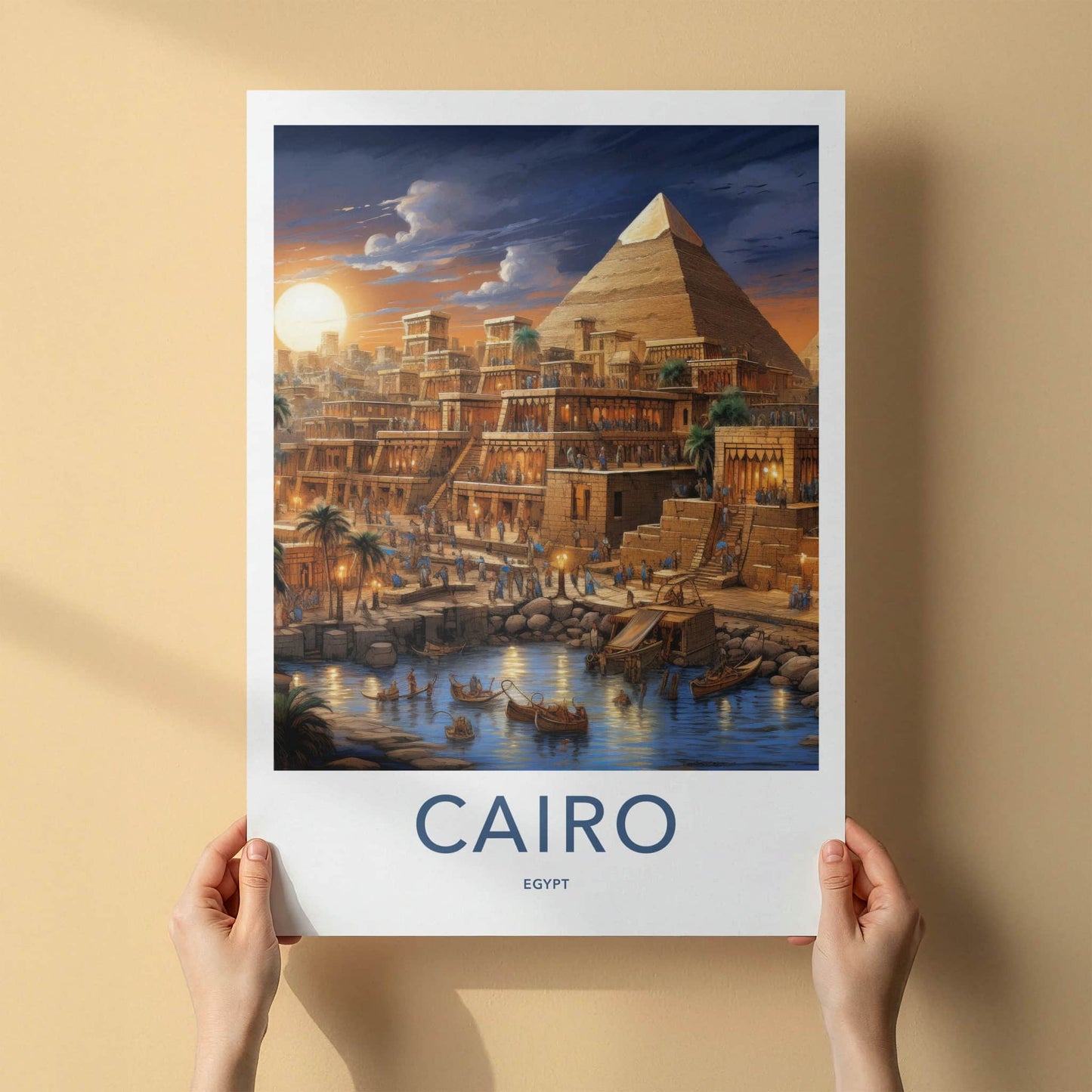 Cairo Poster - Egypt Travel Art - Pyramid Riverbank Evening Home Decor