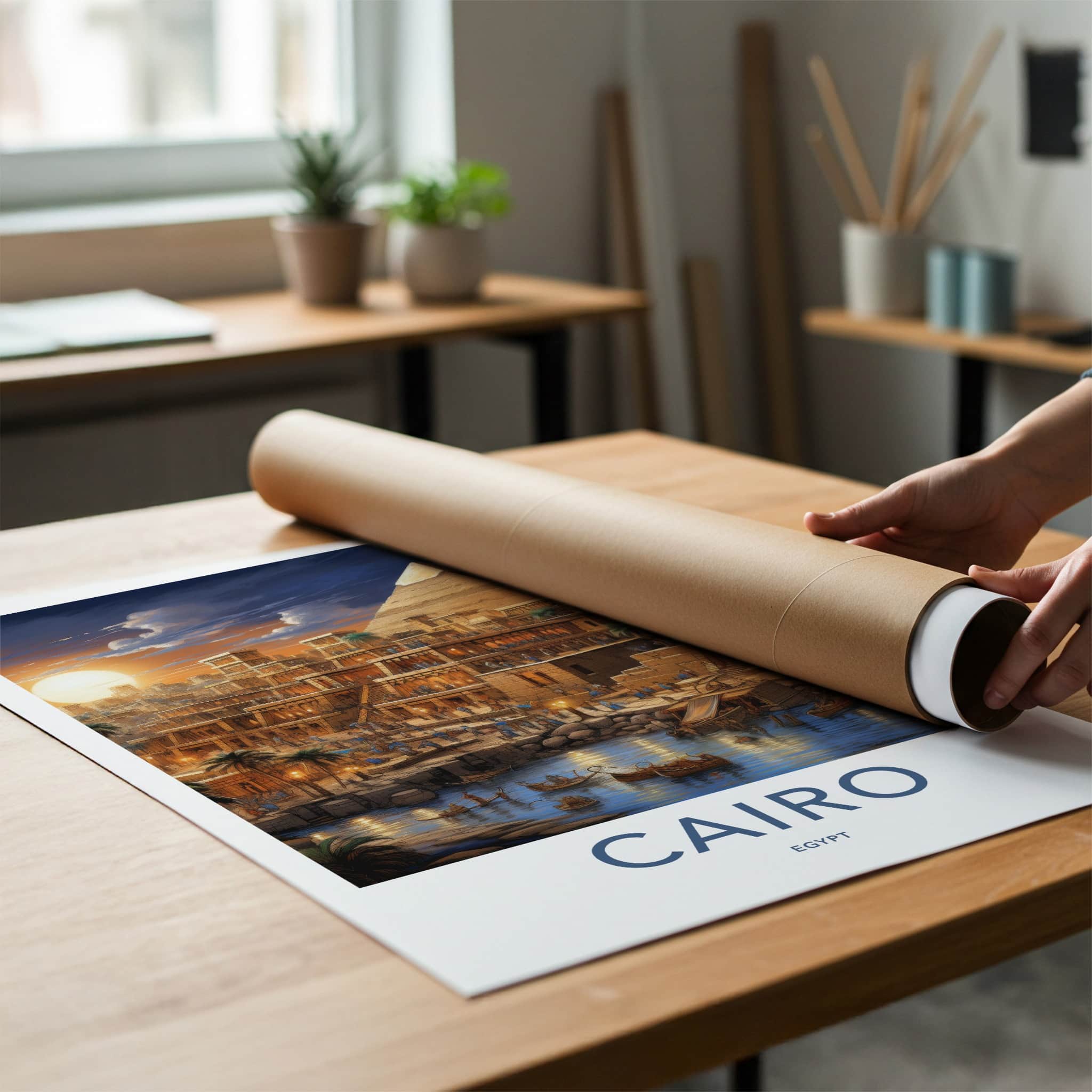 Cairo Poster - Egypt Travel Art - Pyramid Riverbank Evening Home Decor